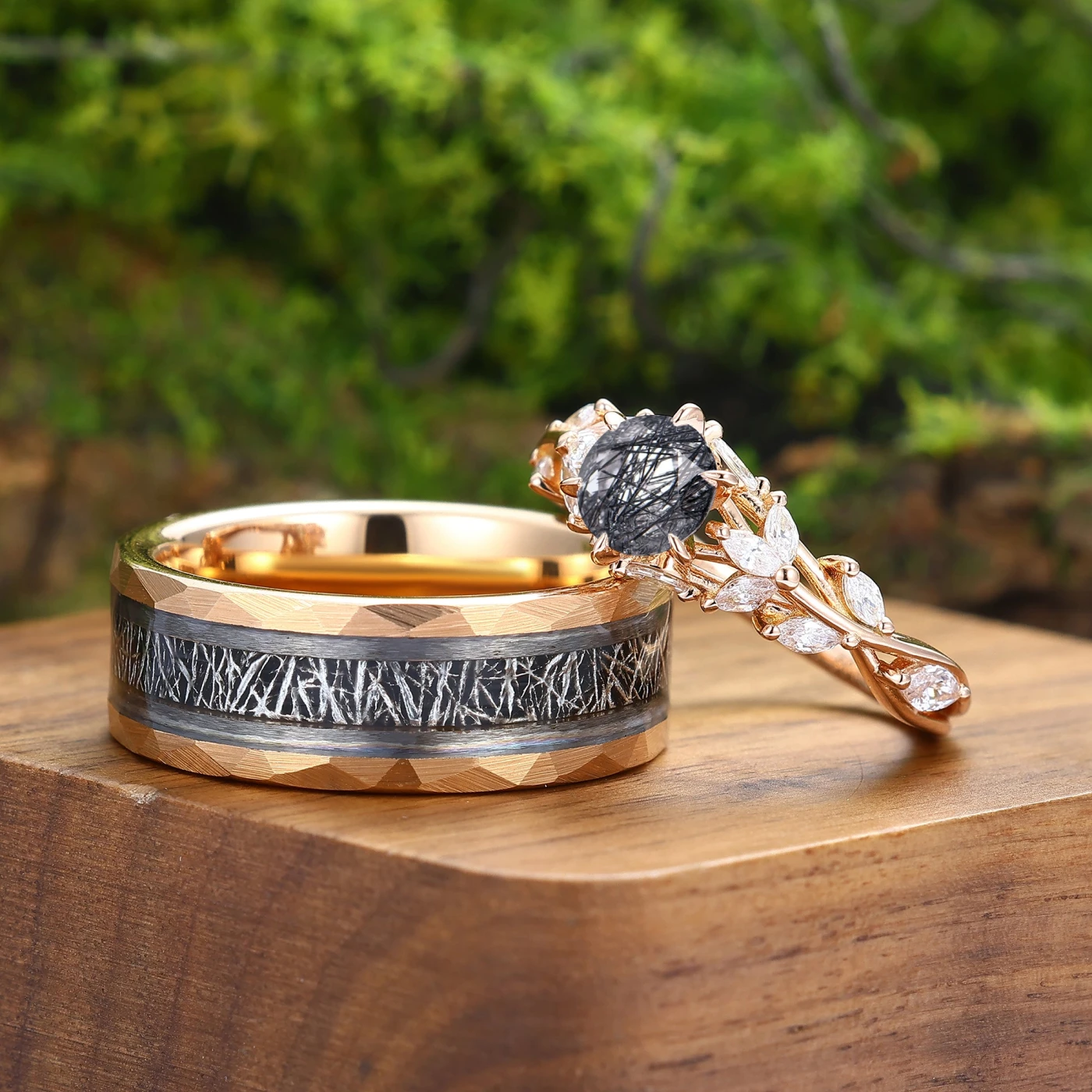 Nature Inspired Black Rutilated Quartz His and Her Rose Gold Plated Couple Ring Set - view 3