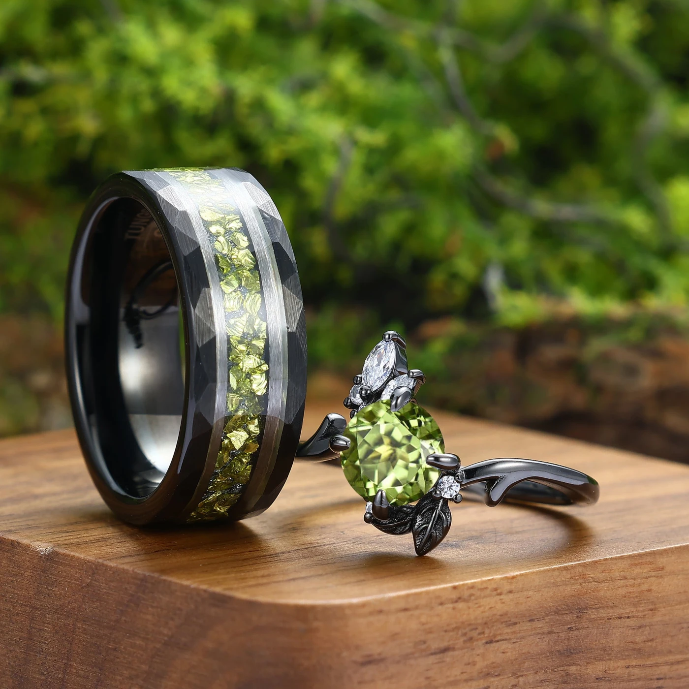 Floral Leaf Design Peridot Couples Ring Nature Inspired Green