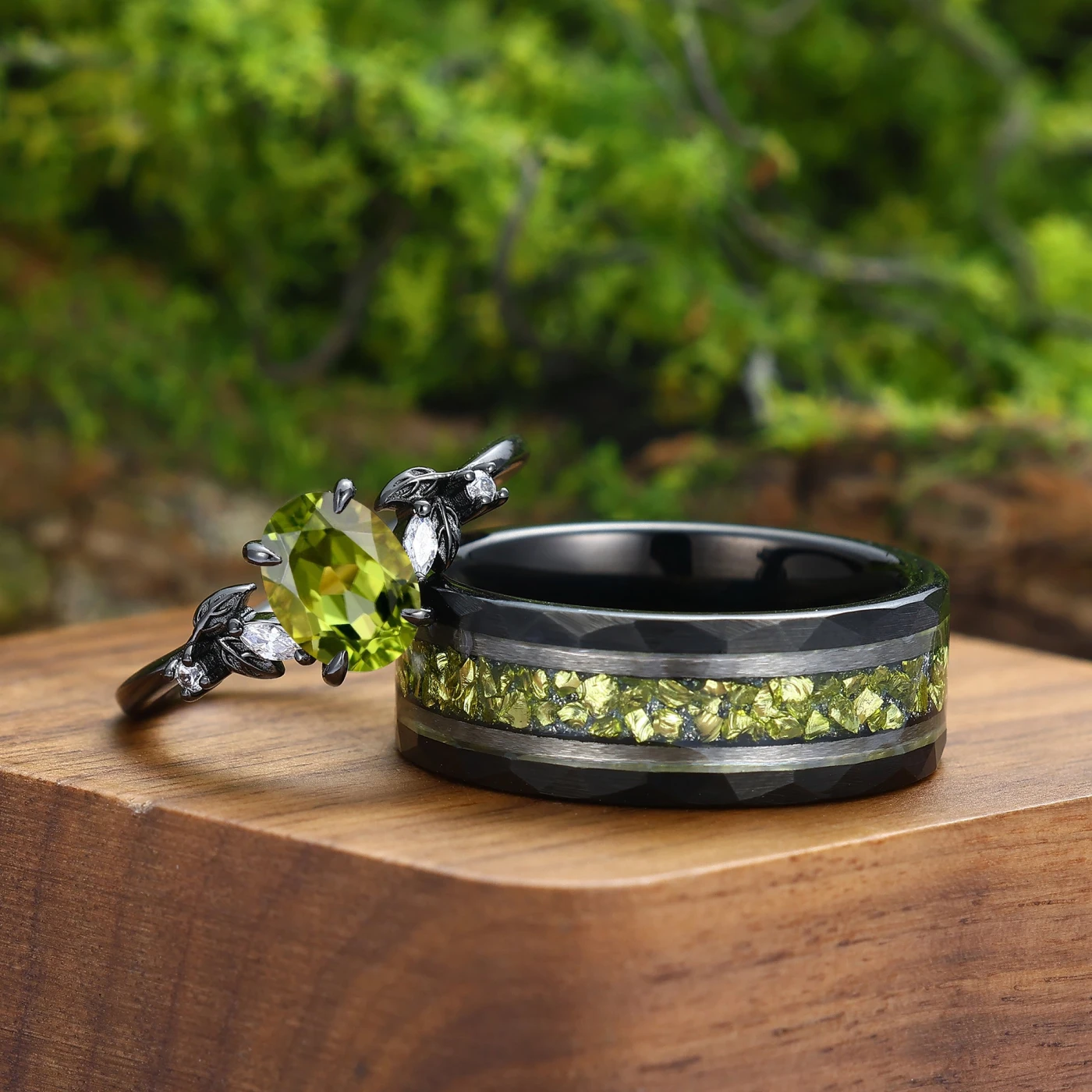 Branch Leaf Oval Peridot Couples Ring Set Green Peridot Ring For Men For Women