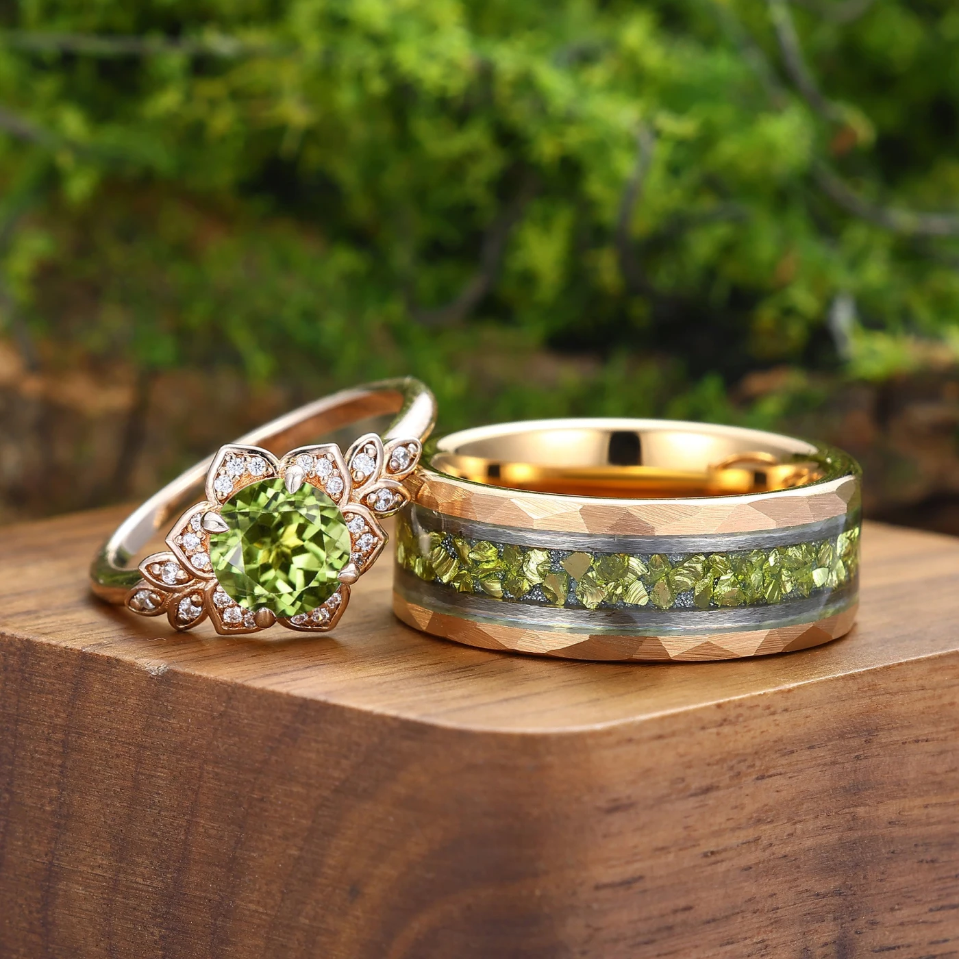 Vintage Floral Peridot Couple Ring Set Nature Inspired Green His And Hers Ring - view 2