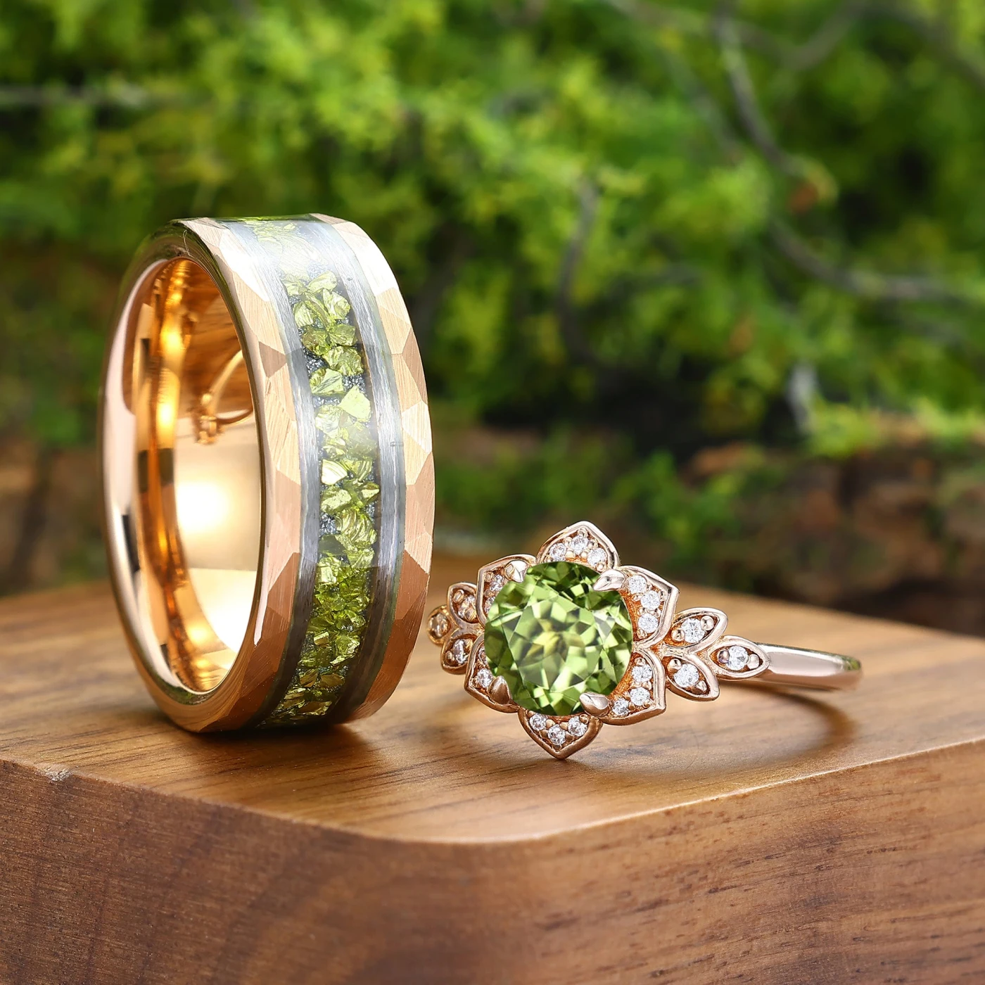 Vintage Floral Peridot Couple Ring Set Nature Inspired Green His And Hers Ring