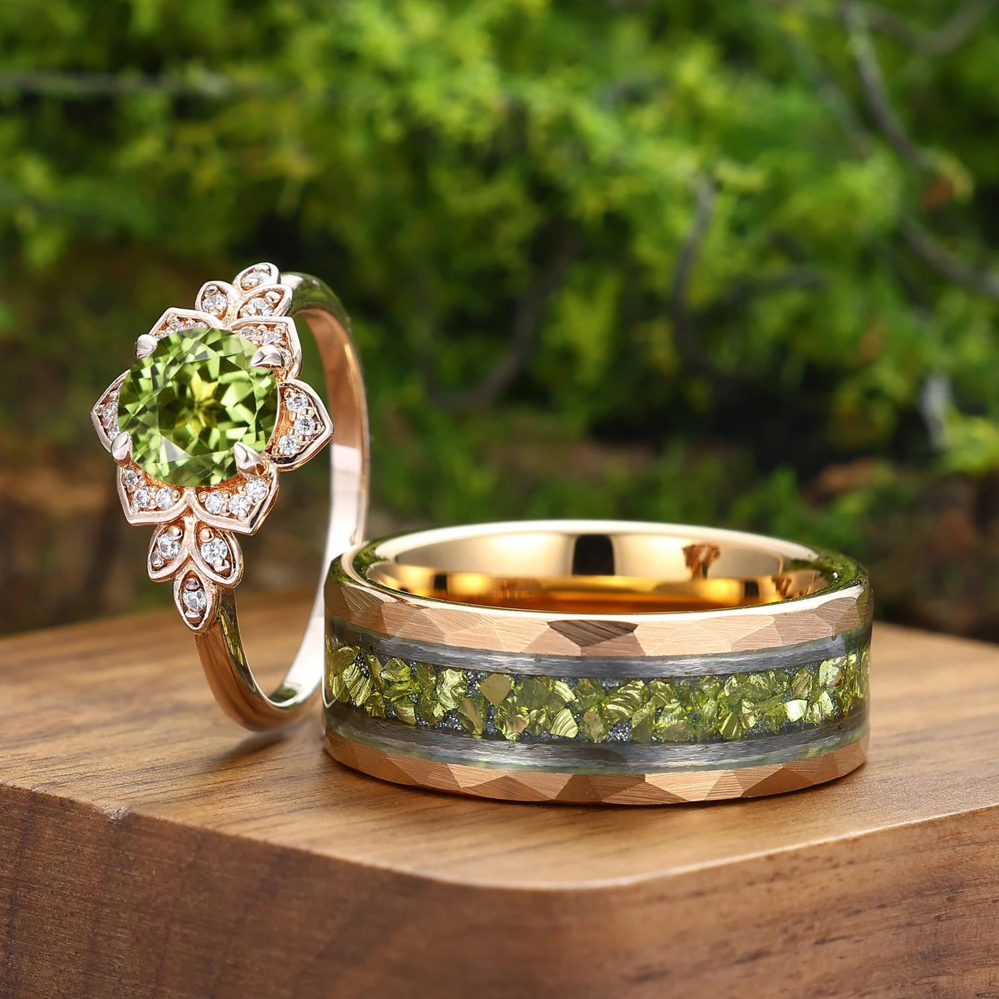 Vintage Floral Peridot Couple Ring Set Nature Inspired Green His And Hers Ring - view 4
