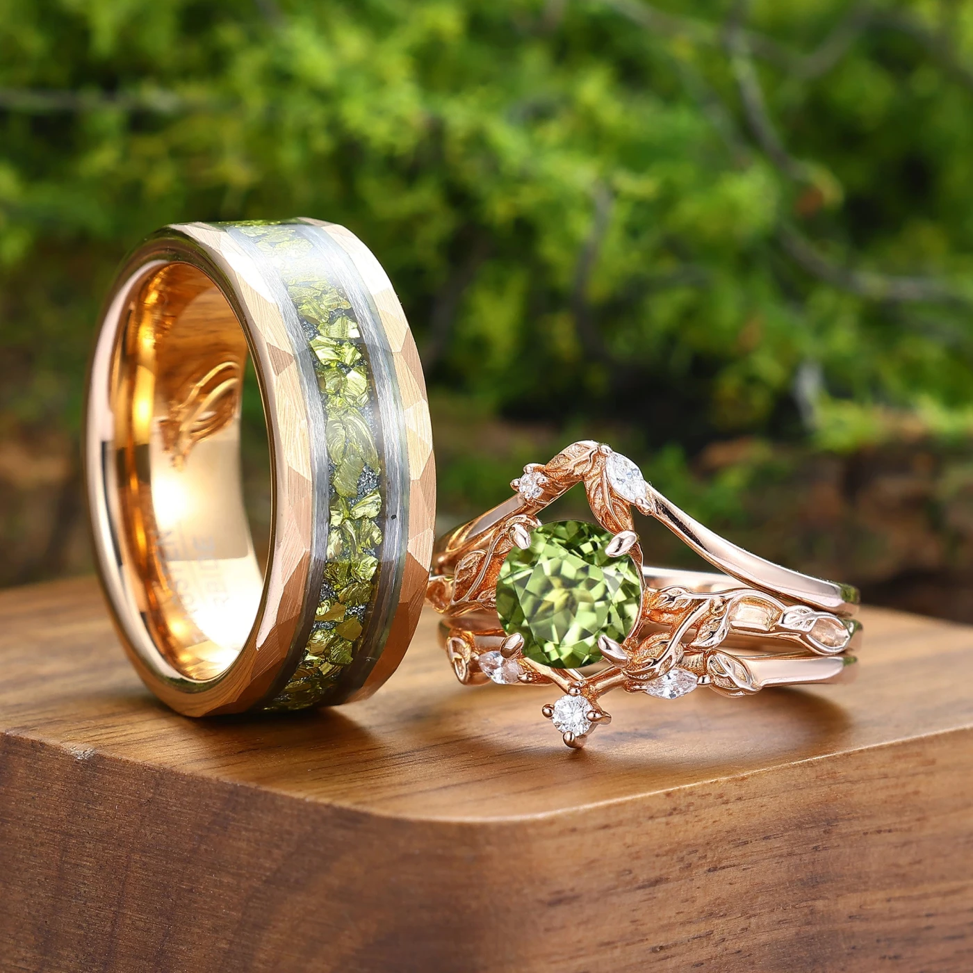 Unique Leaf-inspired Peridot Couples Ring Set Rose Gold Green Peridot Matching Rings - view 2