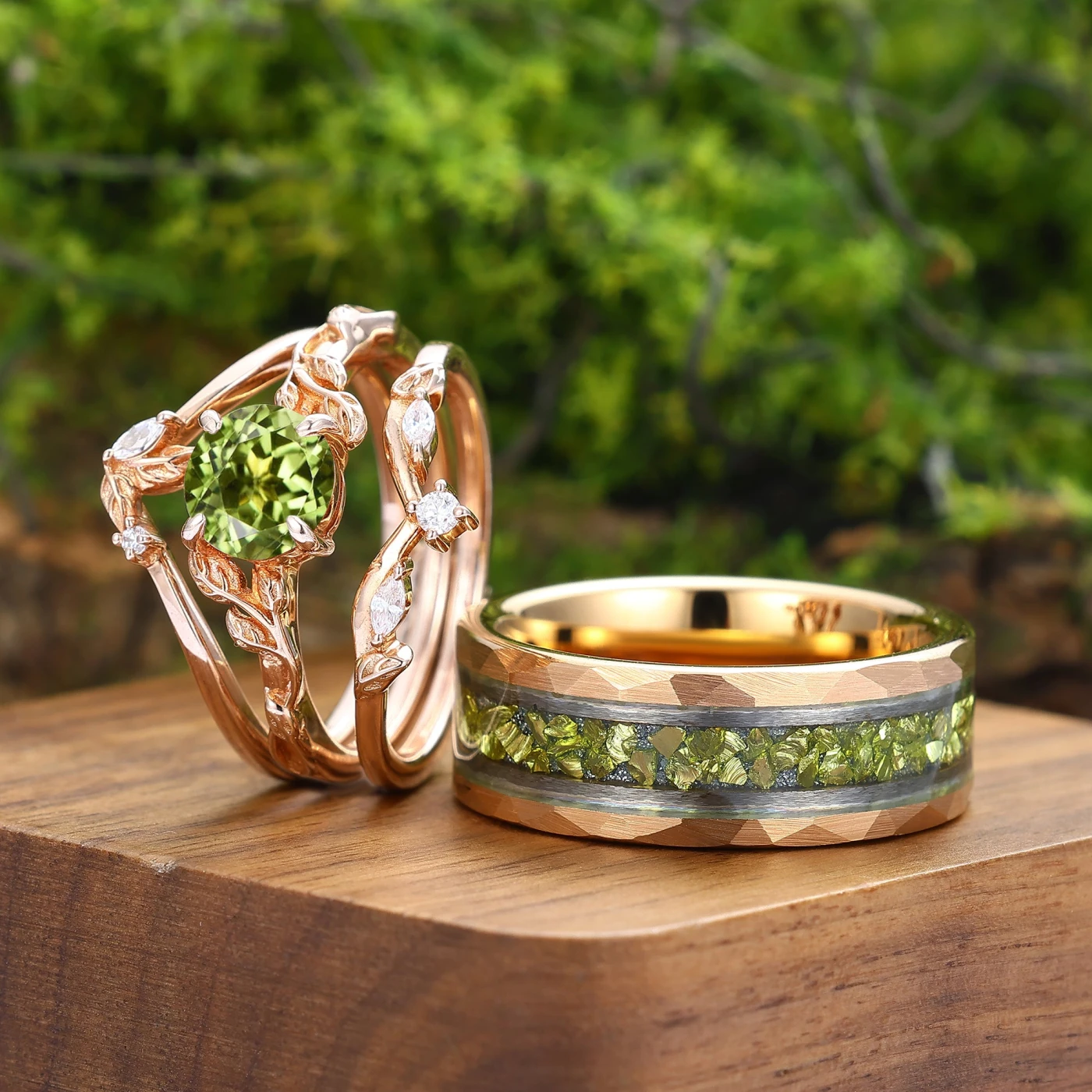 Unique Leaf-inspired Peridot Couples Ring Set Rose Gold Green Peridot Matching Rings - view 4