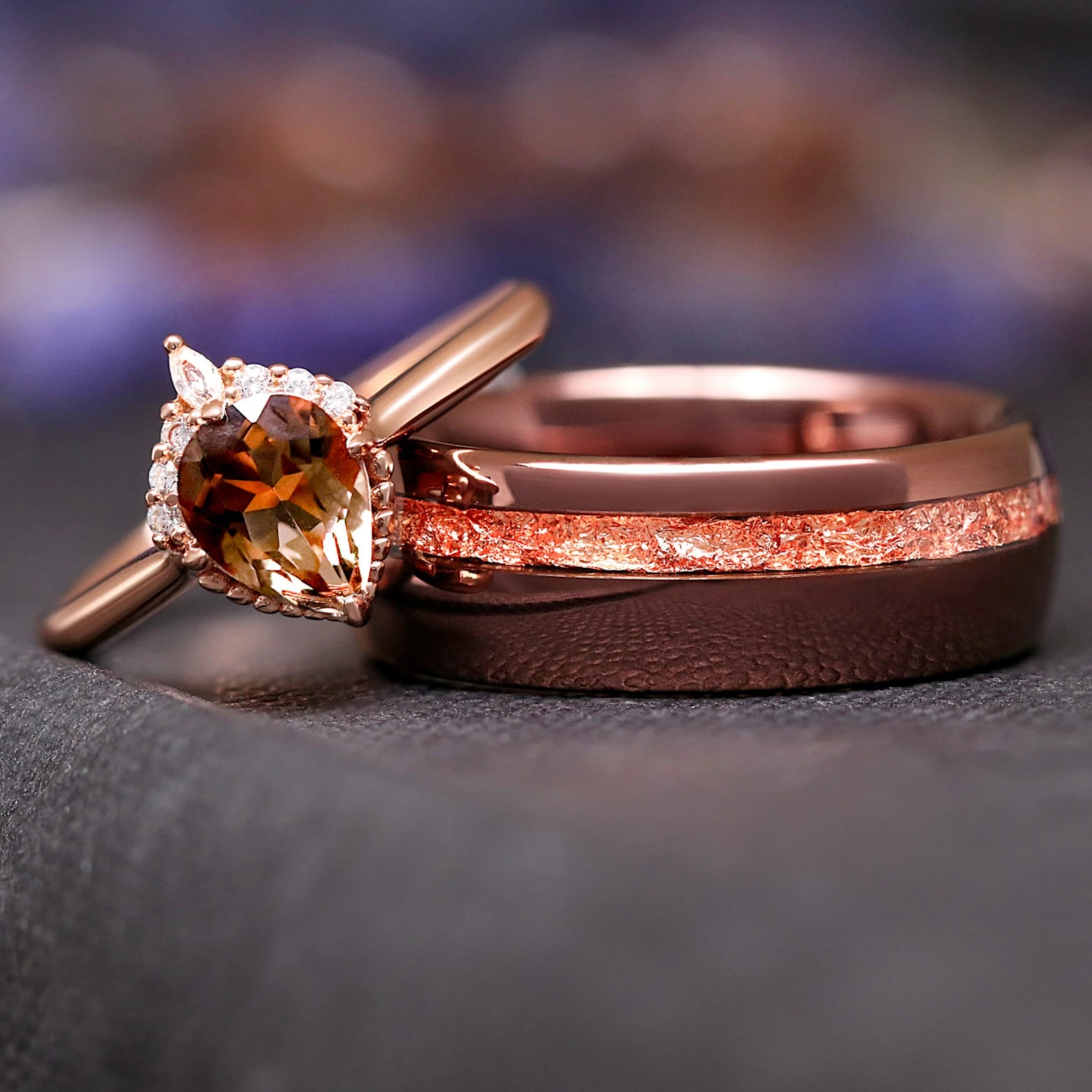 Smoky Quartz Couples Ring, His and Her Rose Gold Nontraditional Ring