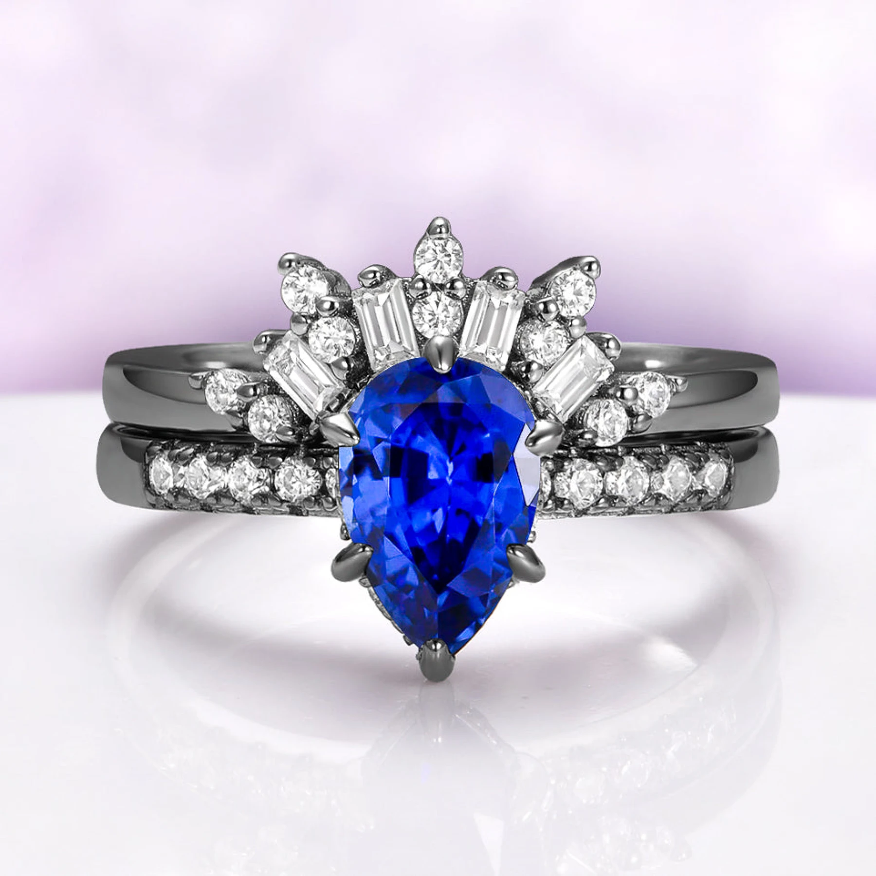 Art Deco Pear Blue Sapphire Ring Set in Black Ruthenium