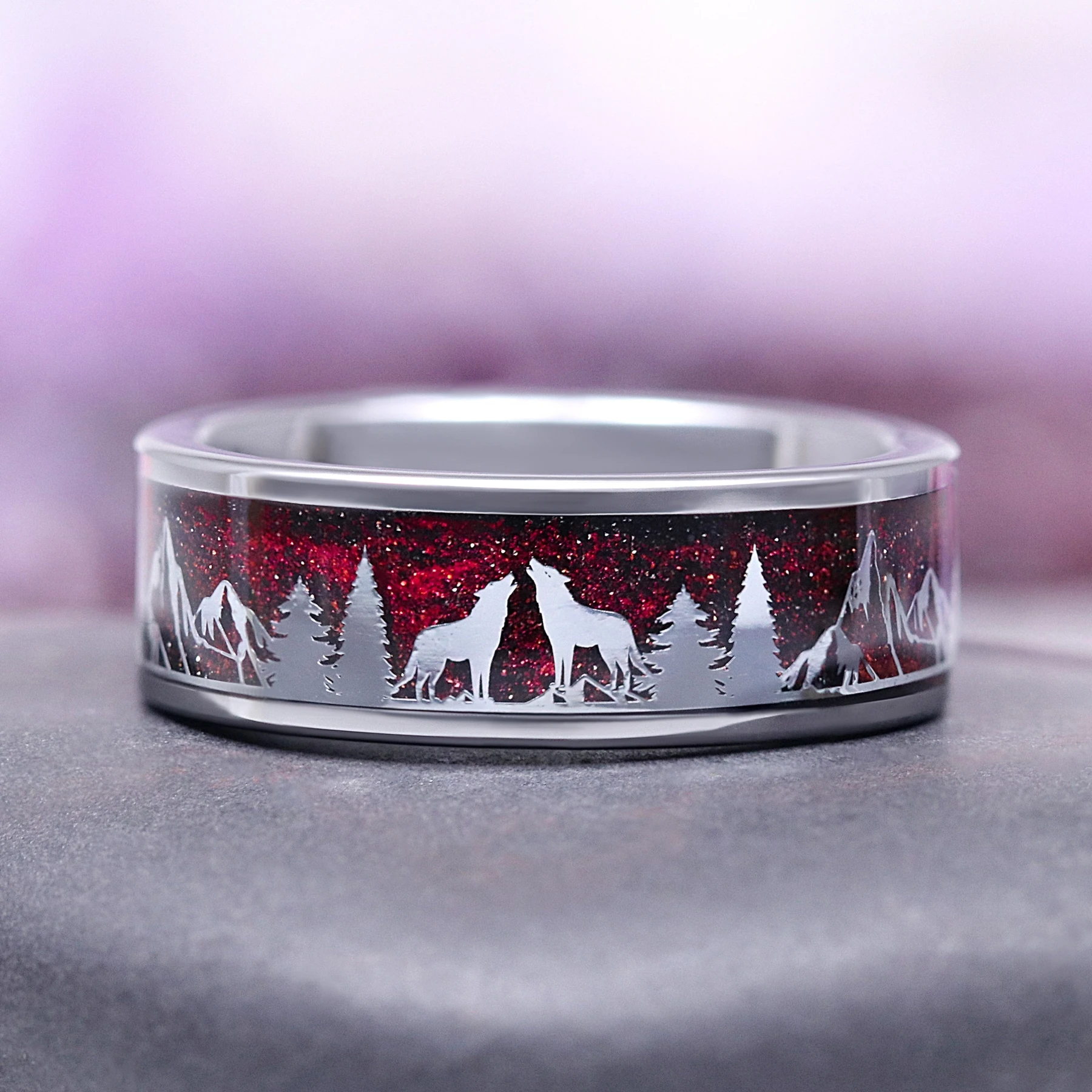Starry Night® Wolf & Trees Men's Wedding Band in Tungsten (8mm)