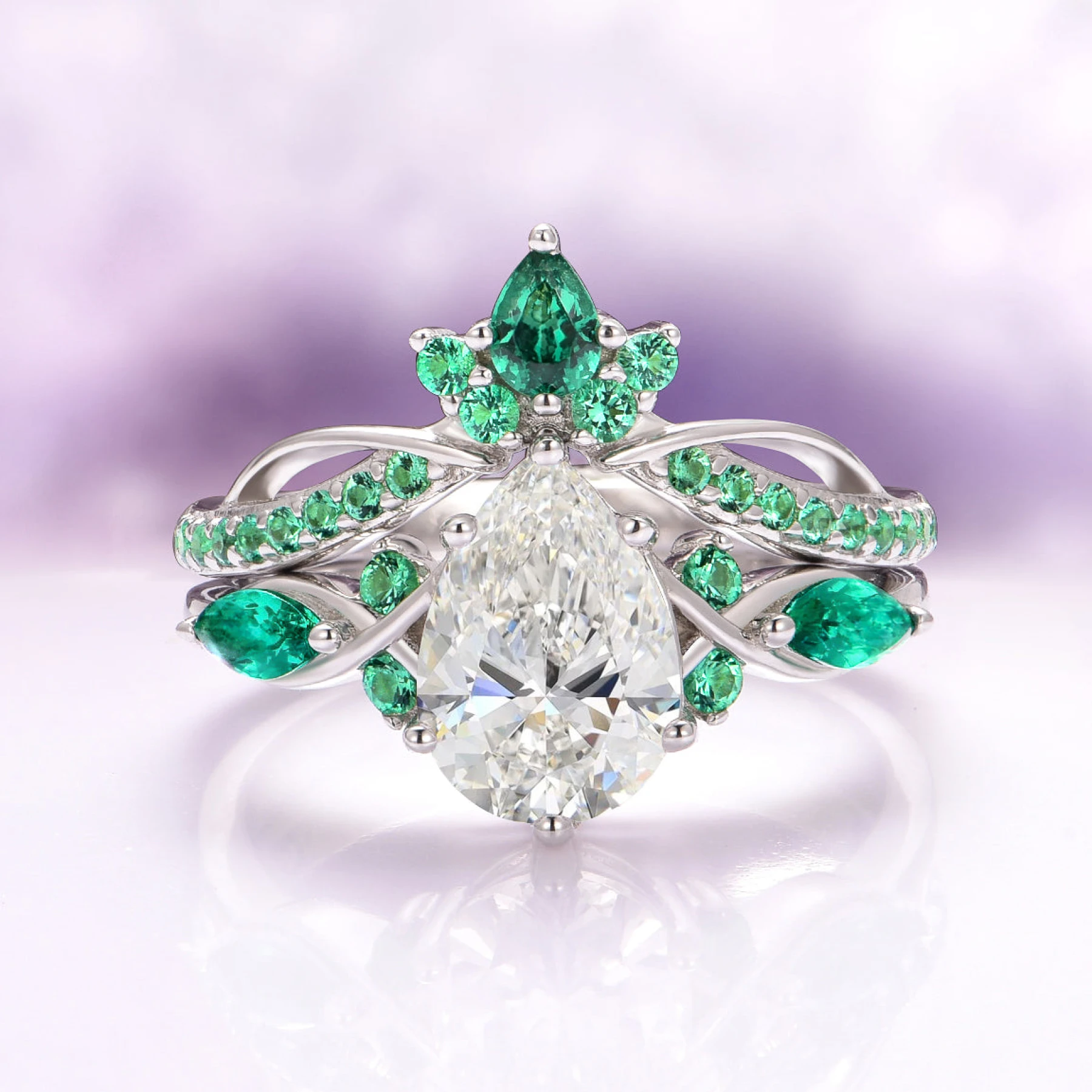 Feyra Emerald and Engagement Ring Set in 14K White Gold