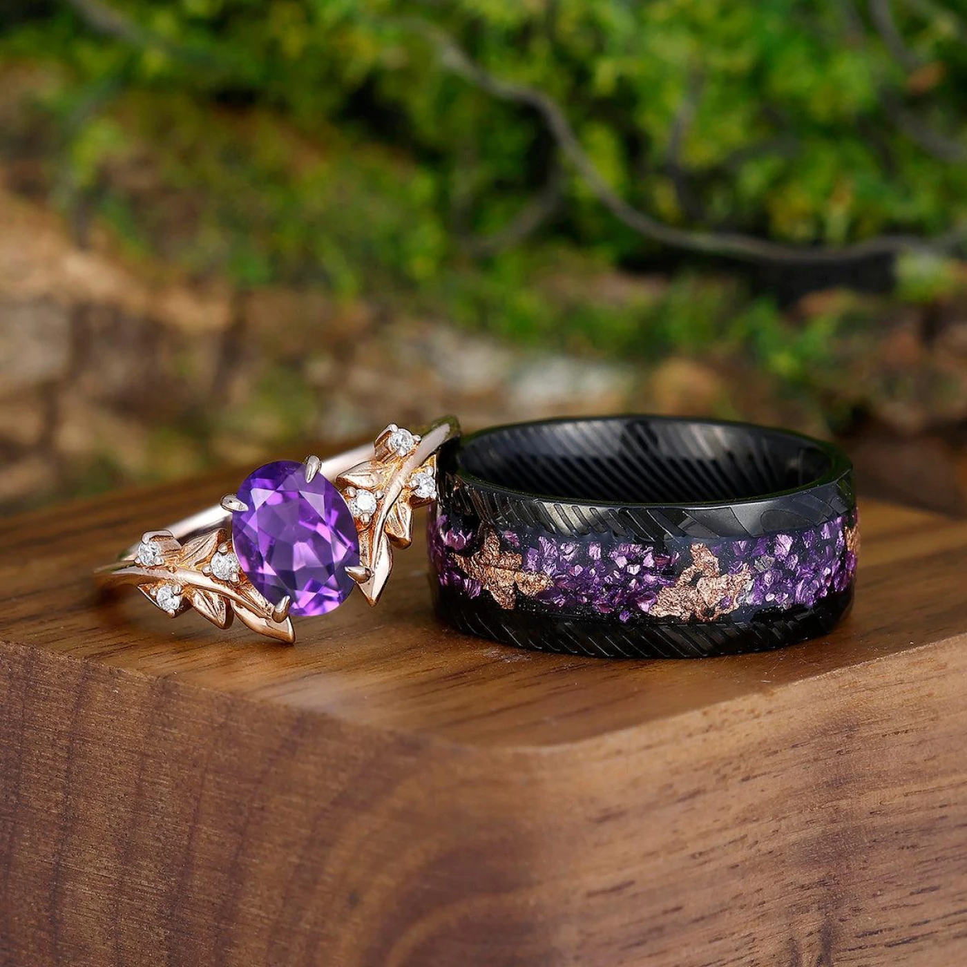Noble Foliage Amethyst Engagement His and Hers Wedding Band