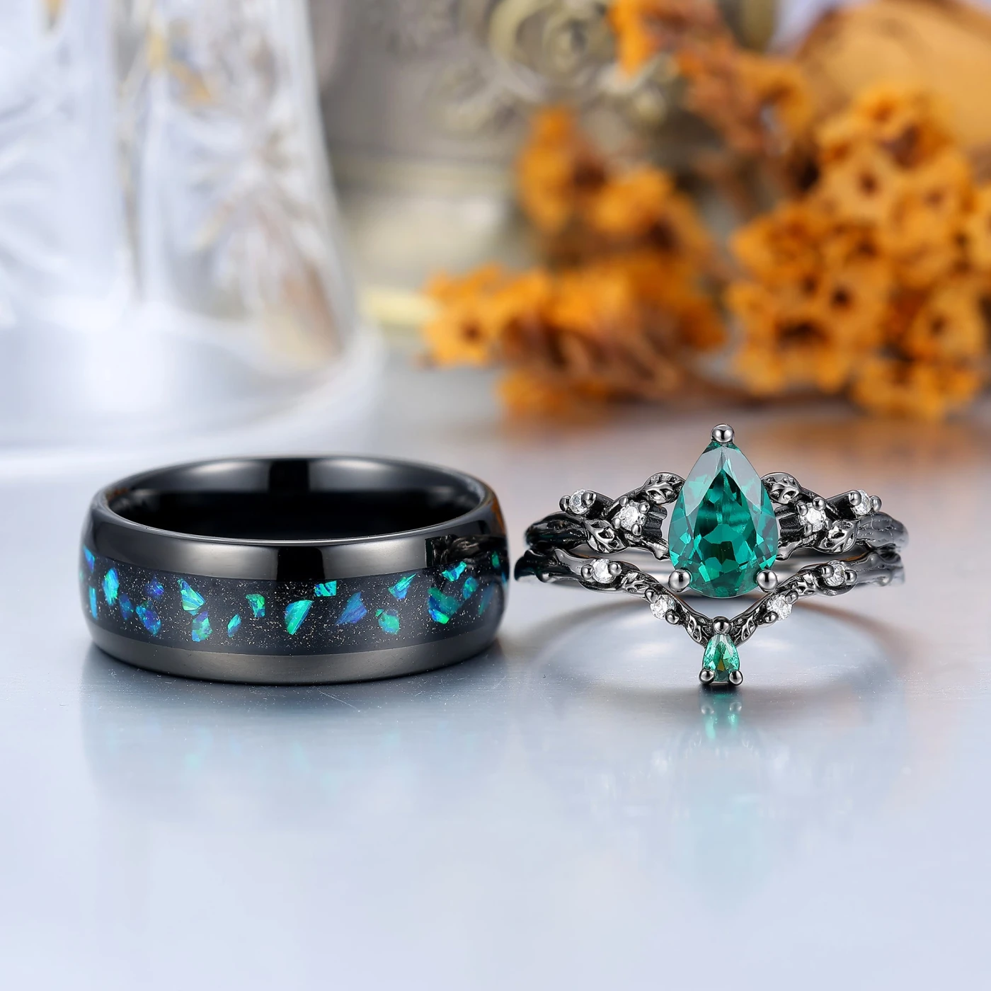 Branch Leaf Engraved Green Emerald Couple Ring Set Emerald