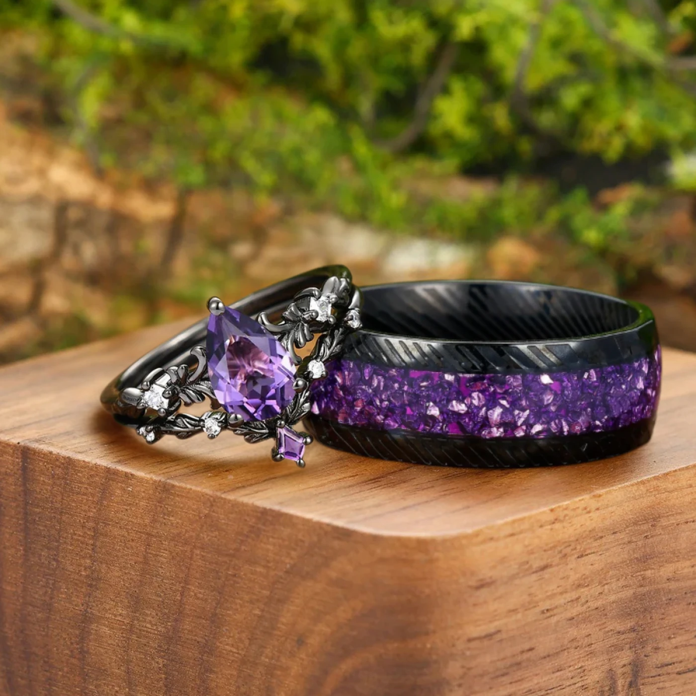 Filigreed Purple Amethyst His And Hers Ring Set Nature Inspired