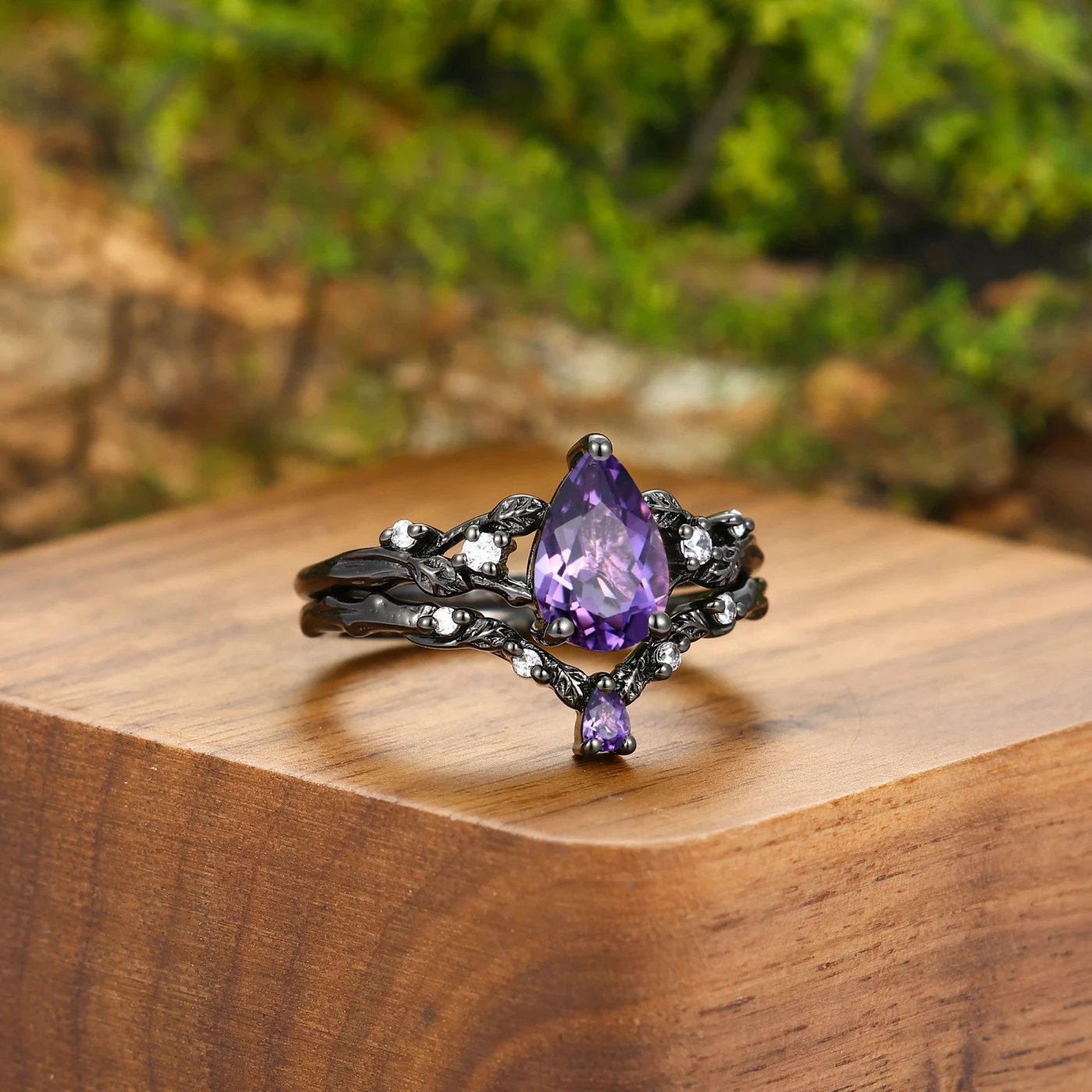 Exquisite Purple Amethyst Couples Ring Set Sterling Silver And Damascus Steel Matching Ring - view 4