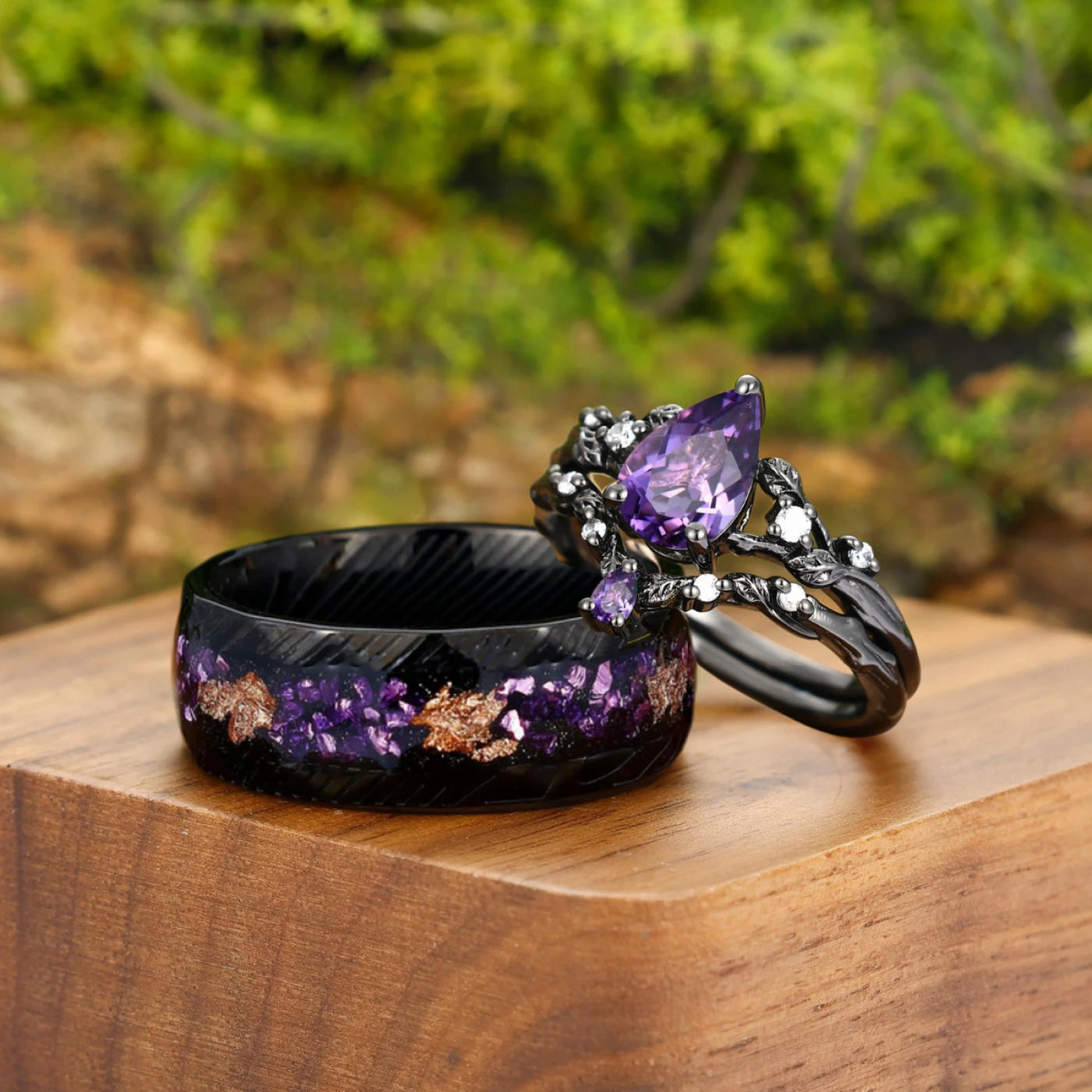 Exquisite Purple Amethyst Couples Ring Set Sterling Silver And Damascus Steel Matching Ring - view 3