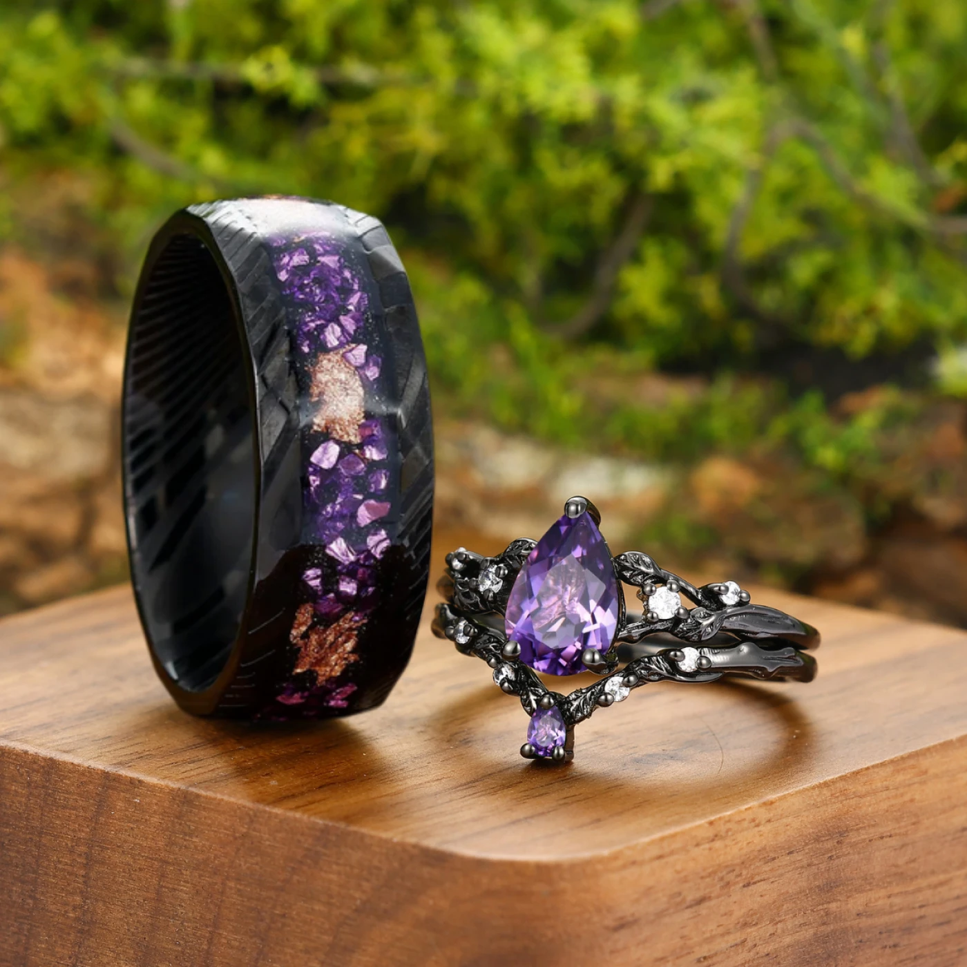 Exquisite Purple Amethyst Couples Ring Set Sterling Silver And Damascus Steel Matching Ring - view 2