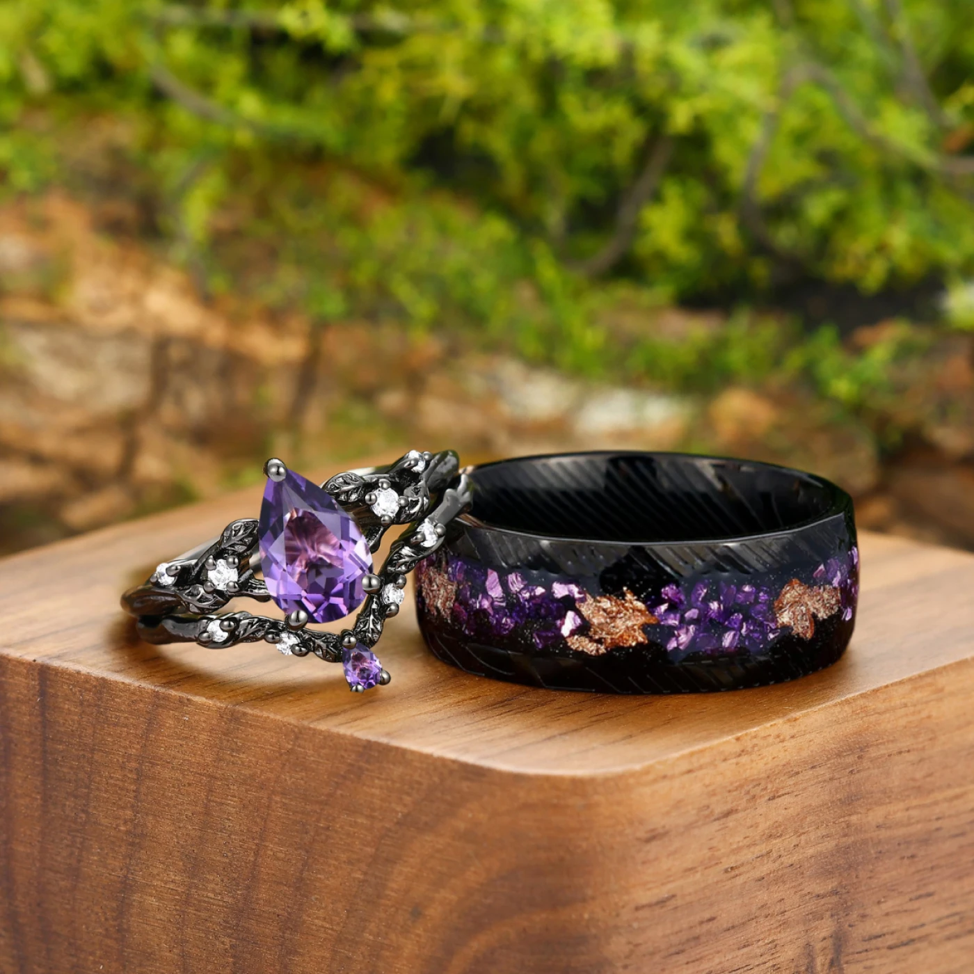 Exquisite Purple Amethyst Couples Ring Set Sterling Silver And