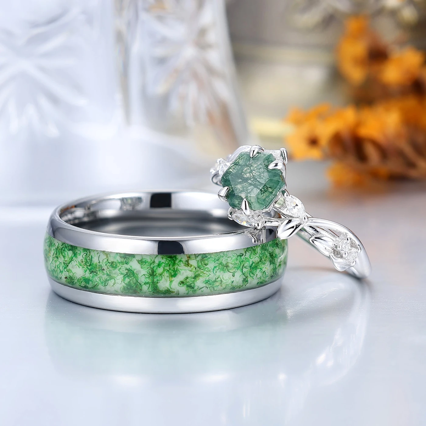 Unique Sprig Design Hexagon Cut Moss Agate His And Hers Ring Promise Couple Ring