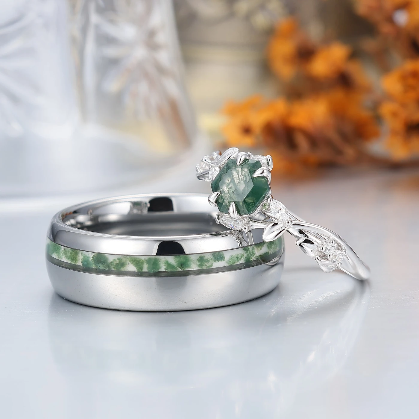 Personalized Green Moss Agate Twigs Design Couple Ring Matching