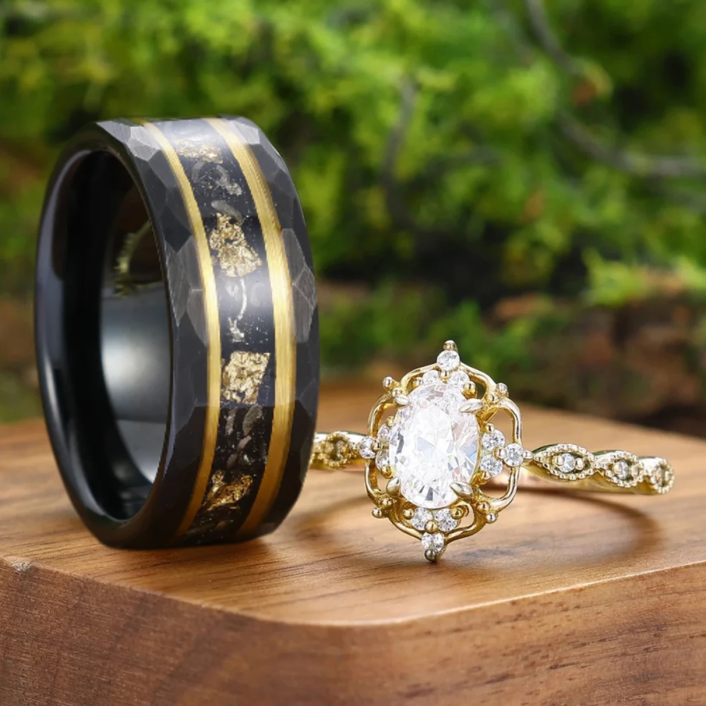 Vintage Inspired Gold Moissanite Milgrained Couples Ring Aglisten