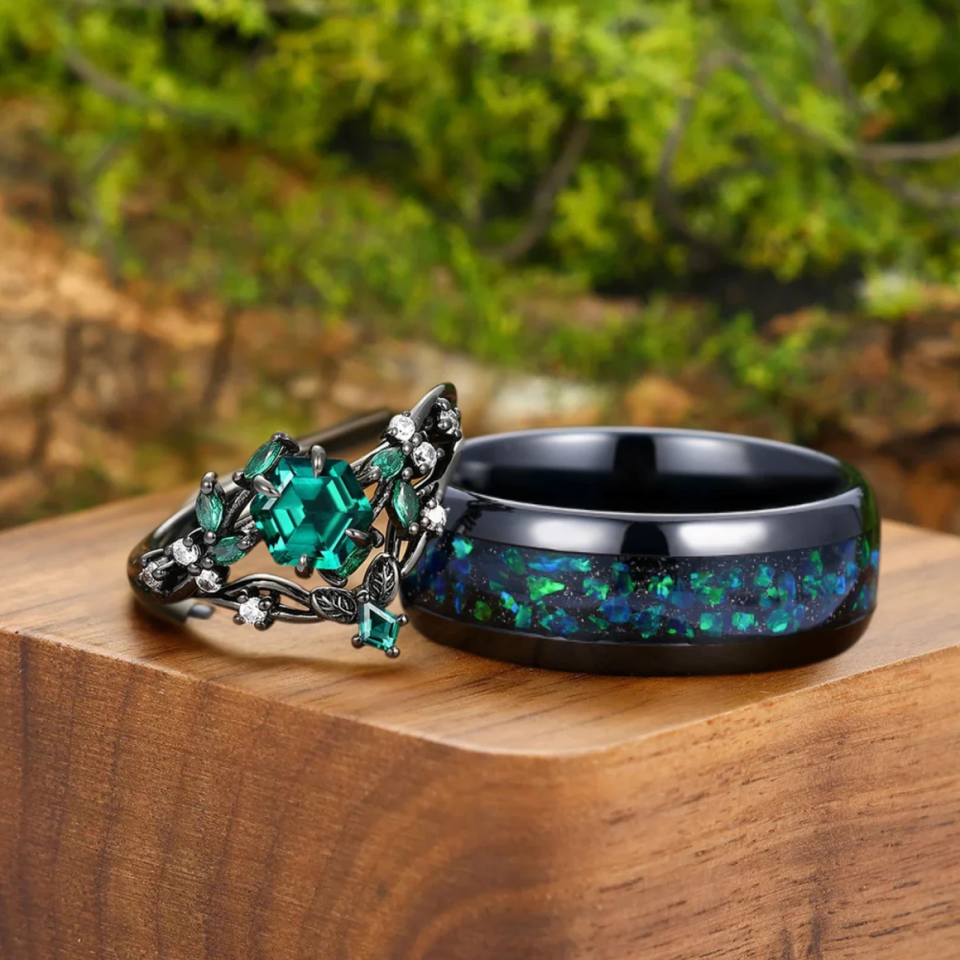 Hexagon Cut Emerald Couples Ring Set Leaf Branch Relief Band 3pcs