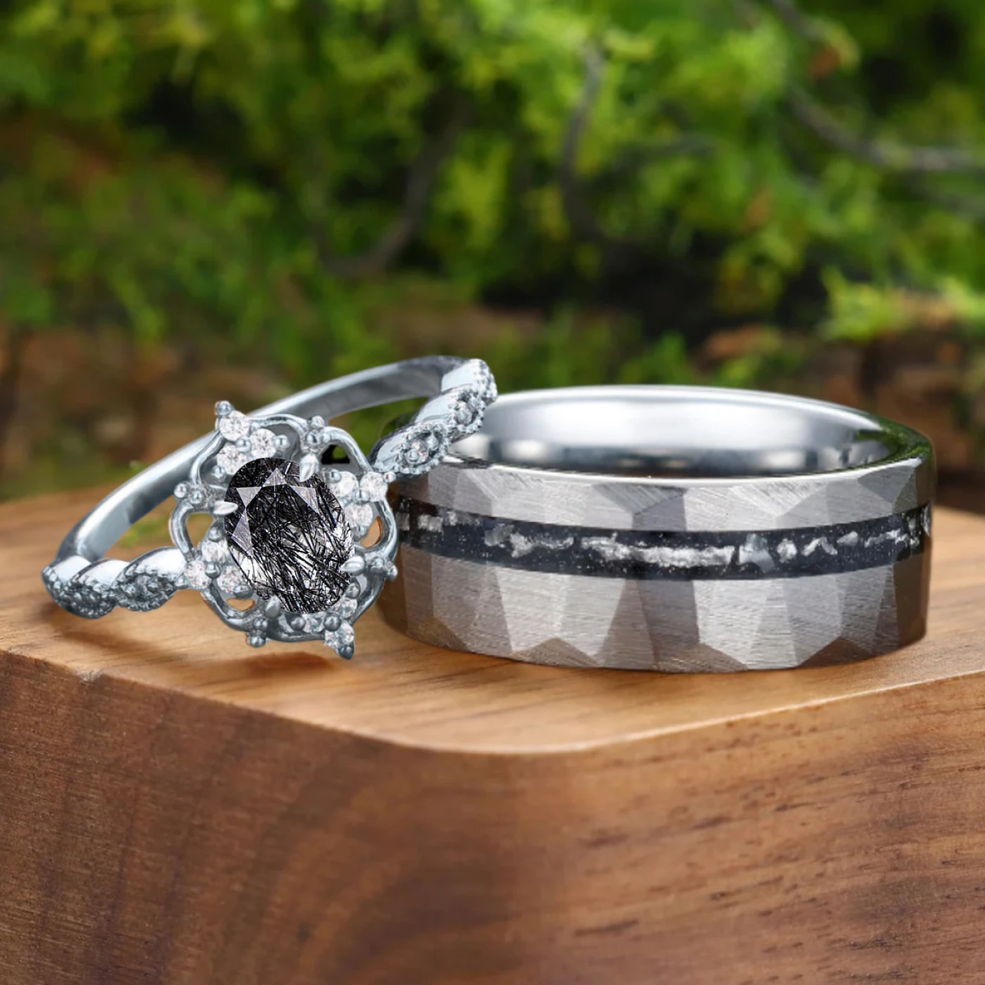 Vintage Natural Black Rutilated Quartz Couple Ring Unique Silver