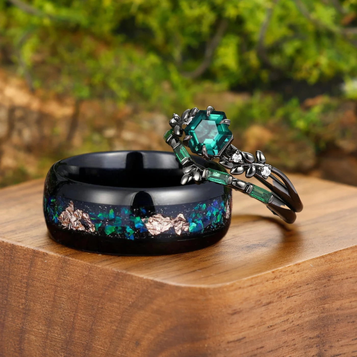 Green Emerald Leaf Design Couple Ring Set Nature Inspired His And Hers Matching Ring For Couple - view 2