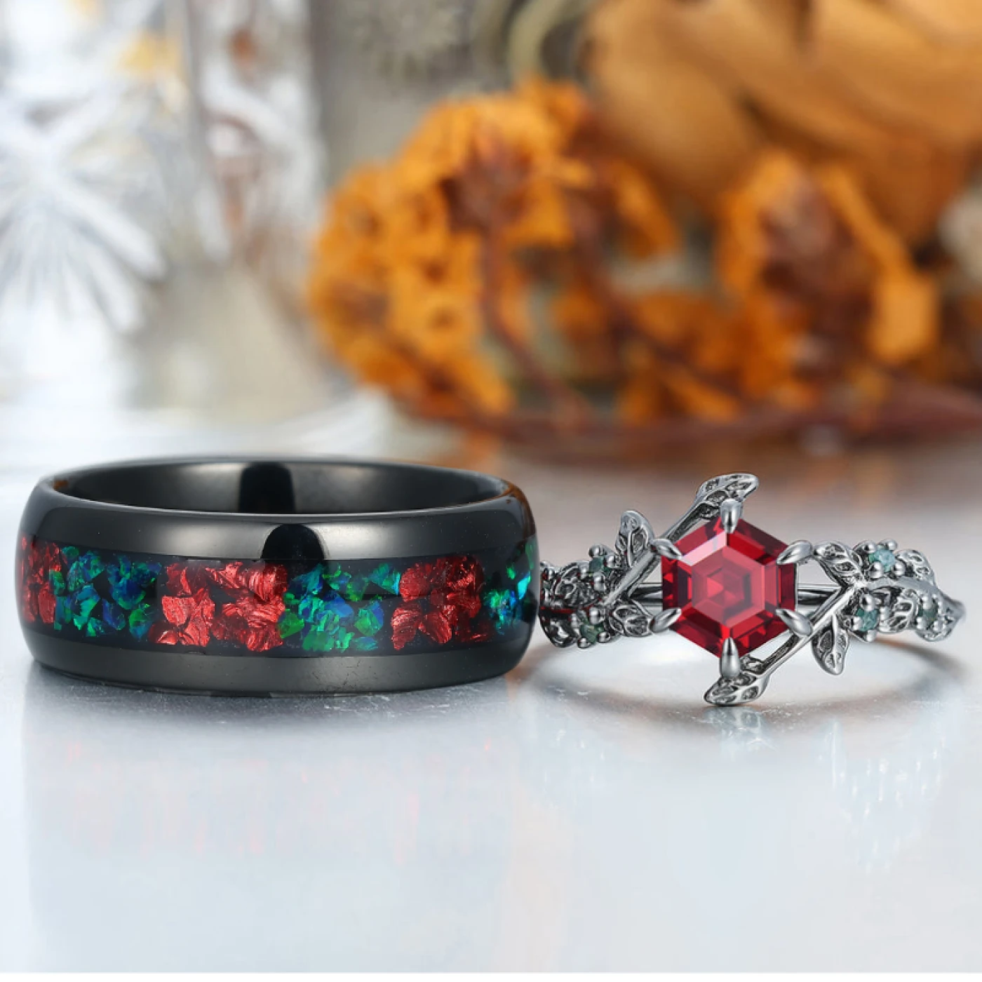 Art Deco Red Garnet 925 Sterling Silver And Tungsten Matching Couple Rings