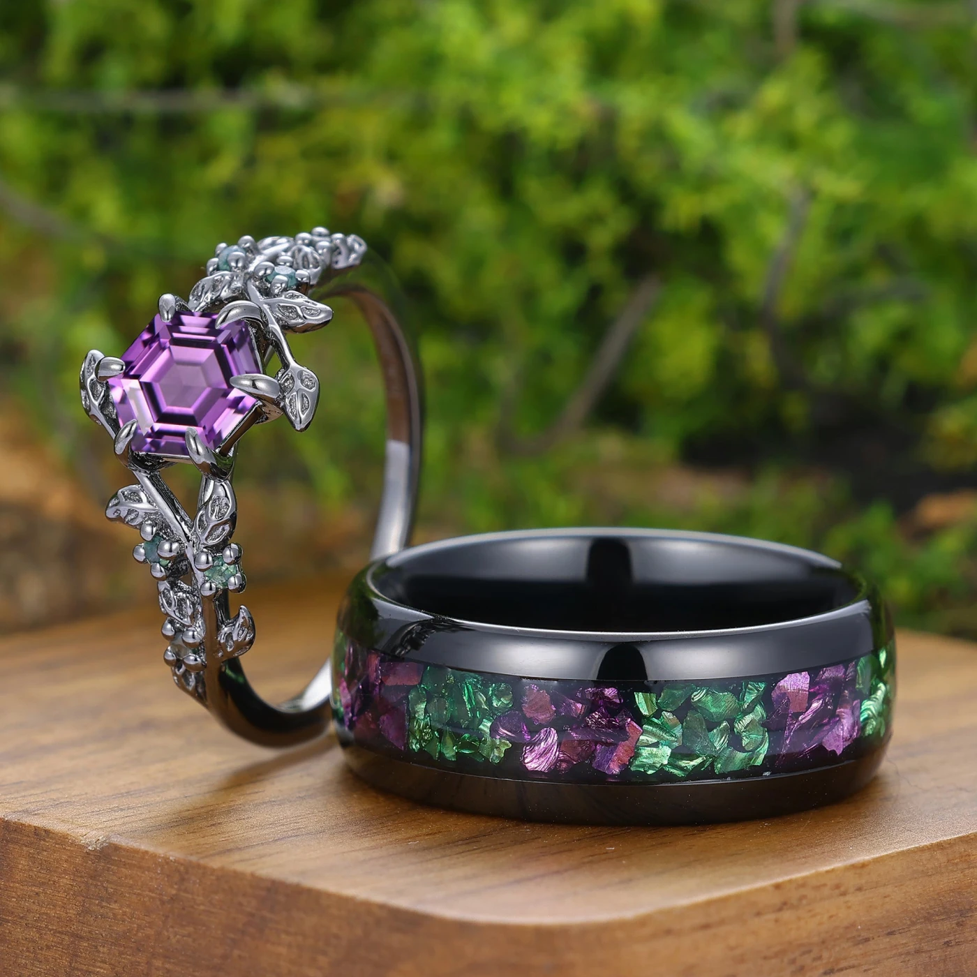 Stylish Natural Engagement Amethyst Twig Couple Rings Matching Tungsten Ring For Men And Women - view 4