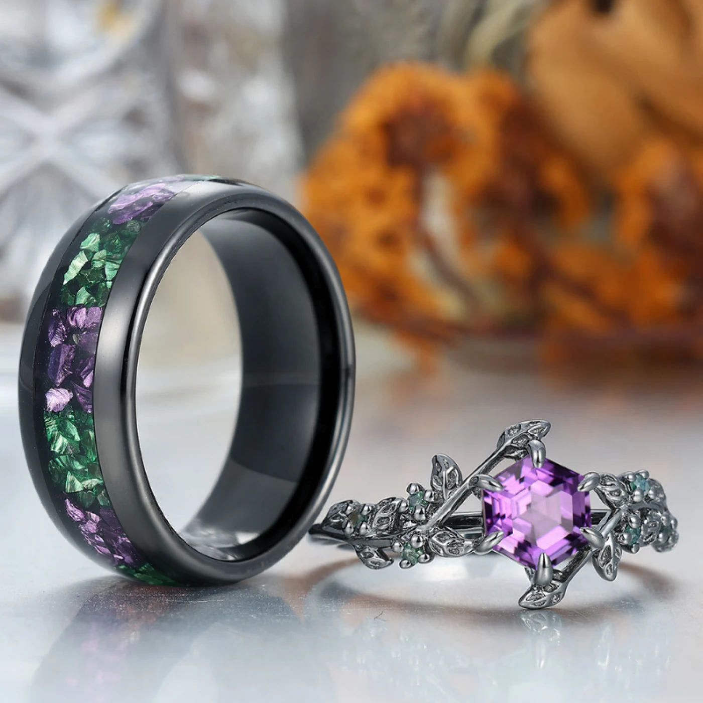 Stylish Natural Engagement Amethyst Twig Couple Rings Matching Tungsten Ring For Men And Women - view 8