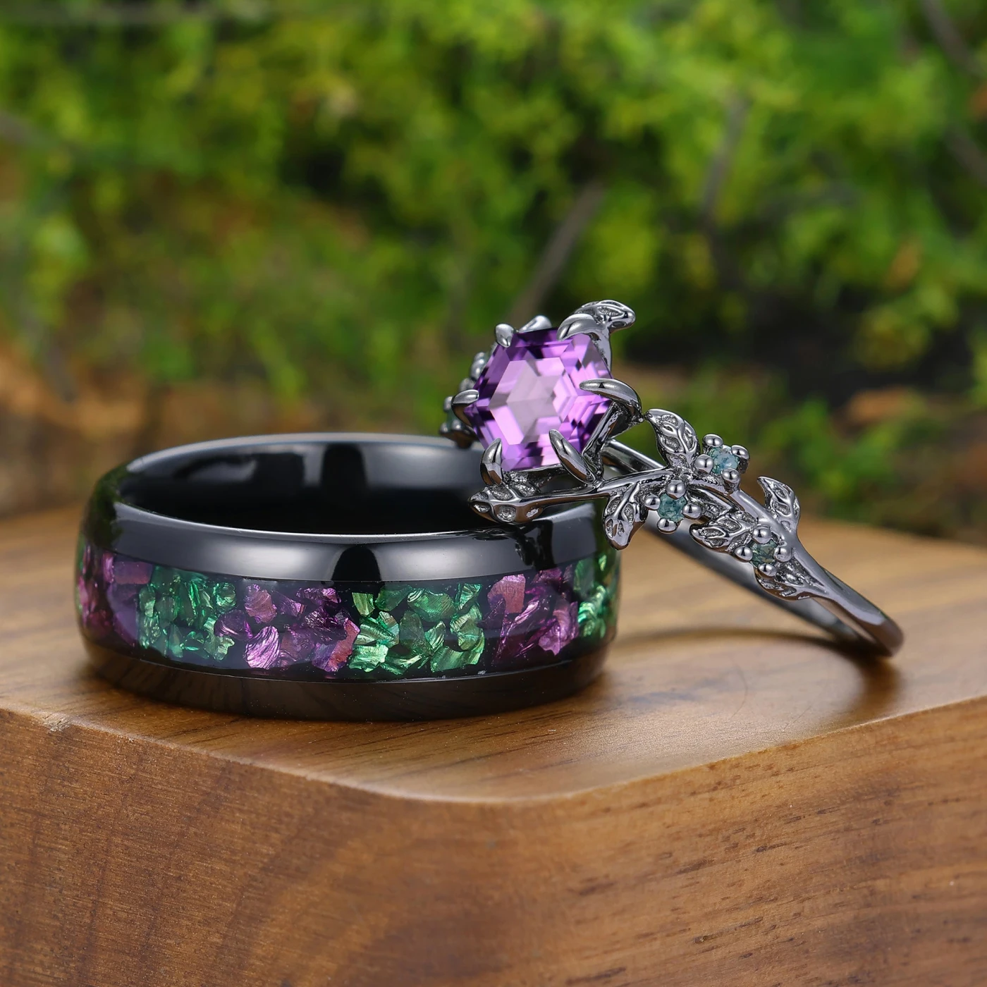 Stylish Natural Engagement Amethyst Twig Couple Rings Matching Tungsten Ring For Men And Women - view 3