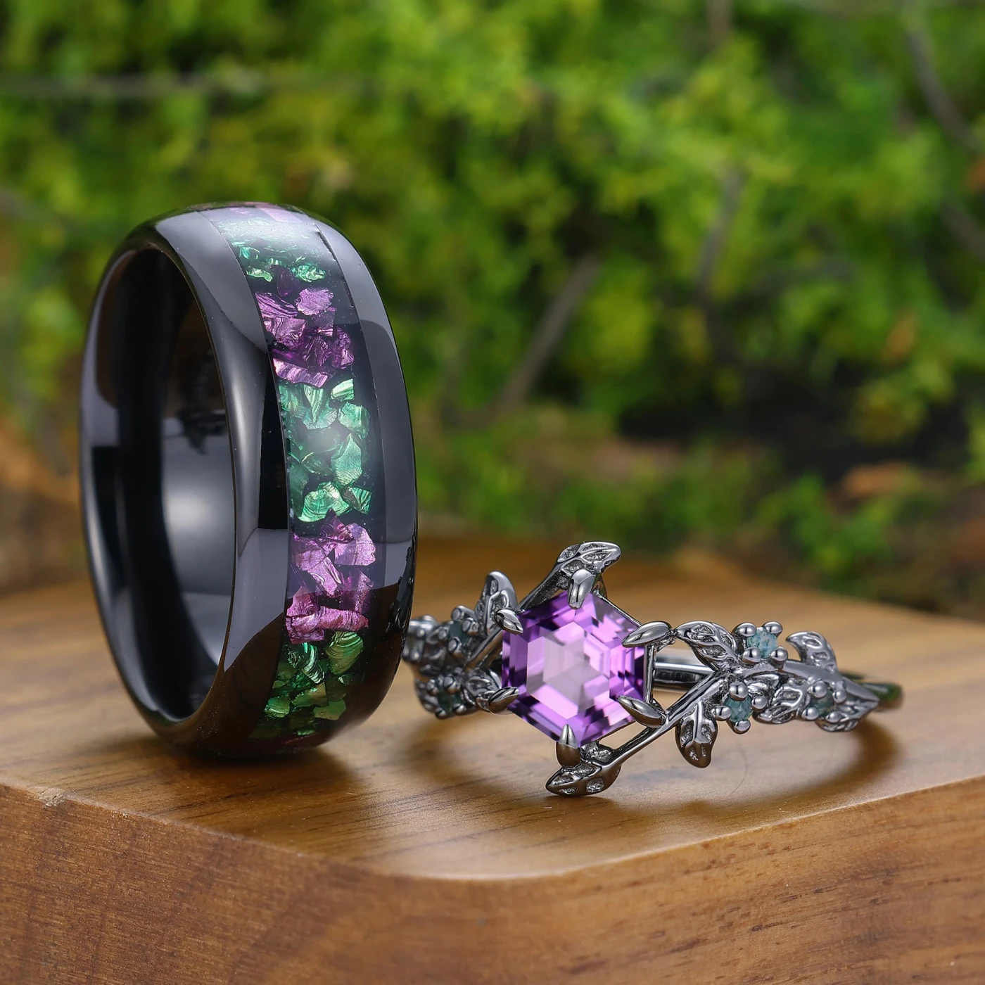 Stylish Natural Engagement Amethyst Twig Couple Rings Matching Tungsten Ring For Men And Women - view 2