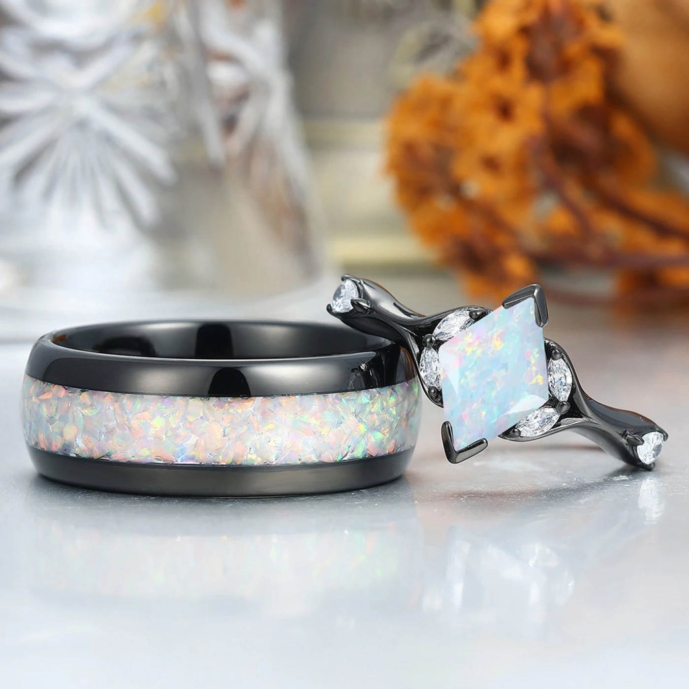 Art Deco Pink White Opal Engagement Couples Rings Matching