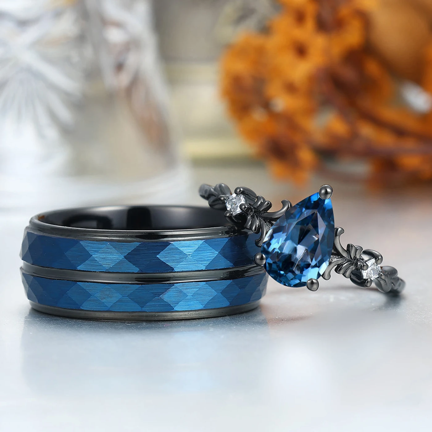 Pear Cut London Blue Topaz Couple Rings Promise Blue Anniversary