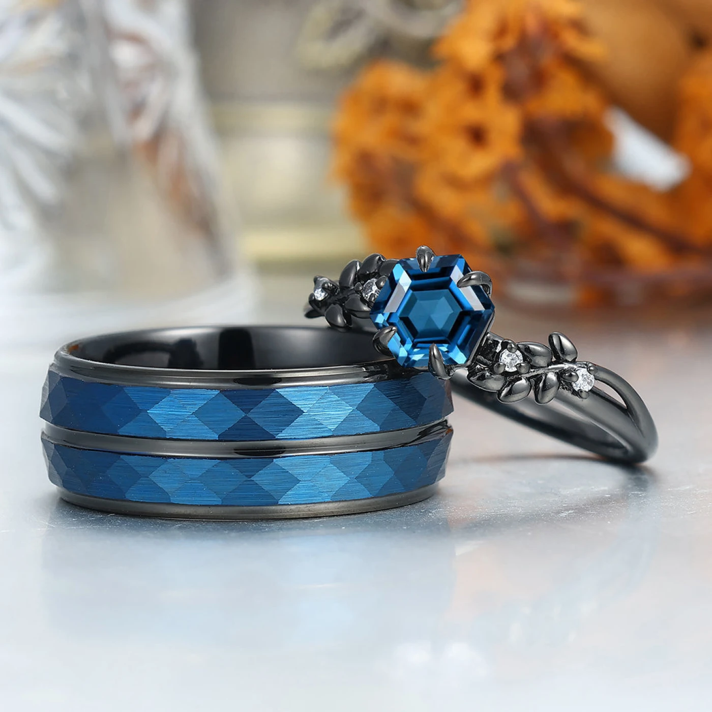 Hexagon Cut London Blue Topaz Wheat Design Couple Rings S925 And
