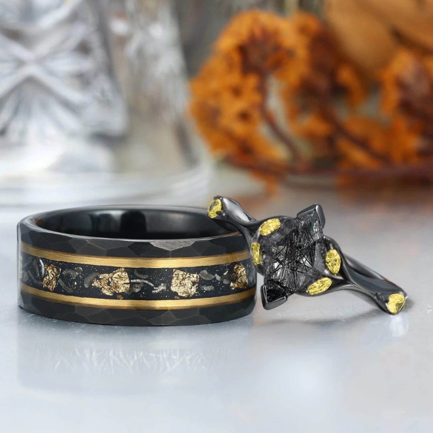 Alternative Black Rutilated Quartz Couple Rings Black And Gold