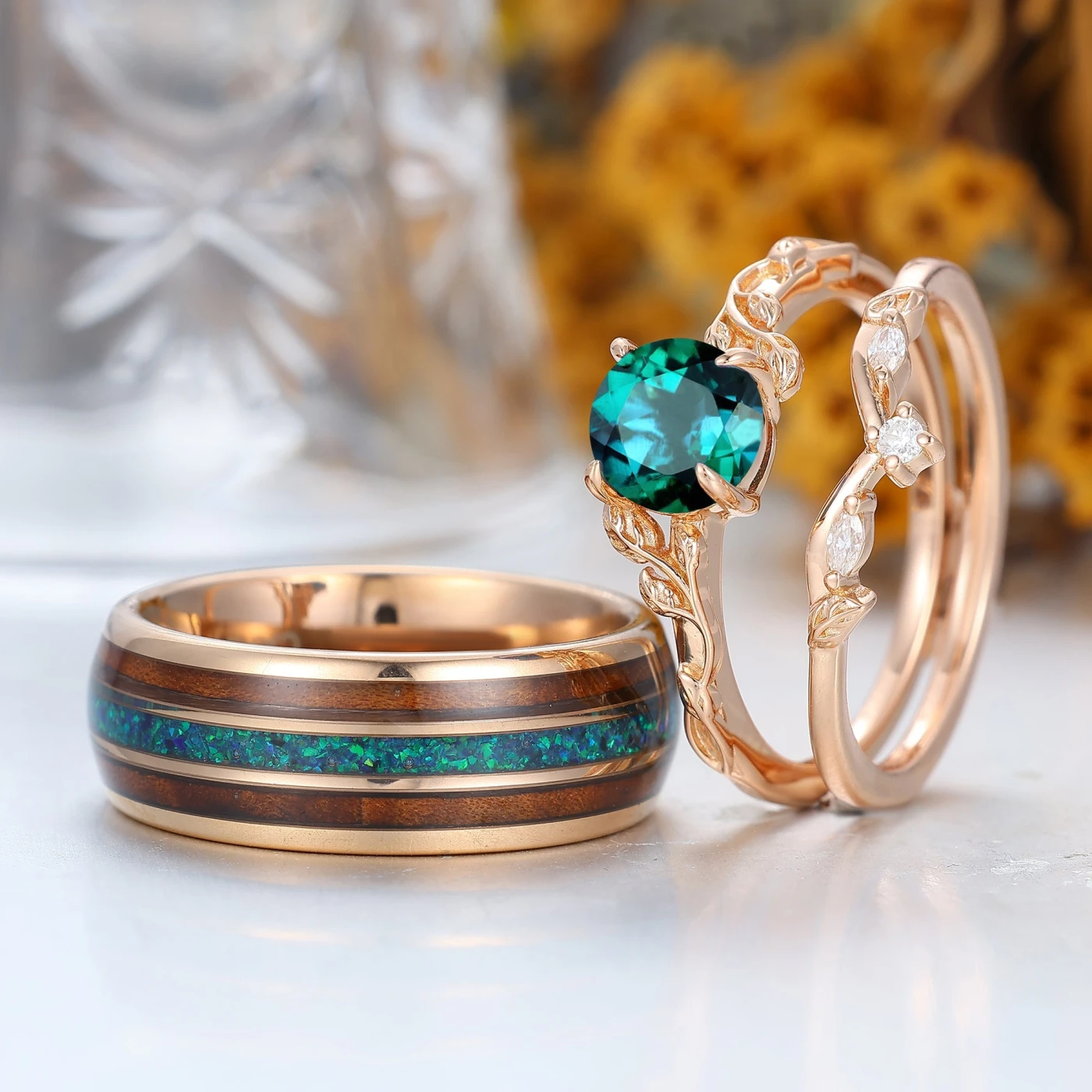 Exquisite Green Emerald Couples Ring Set Nature Inspired Rose Gold Ring Set For Men For Women - view 4