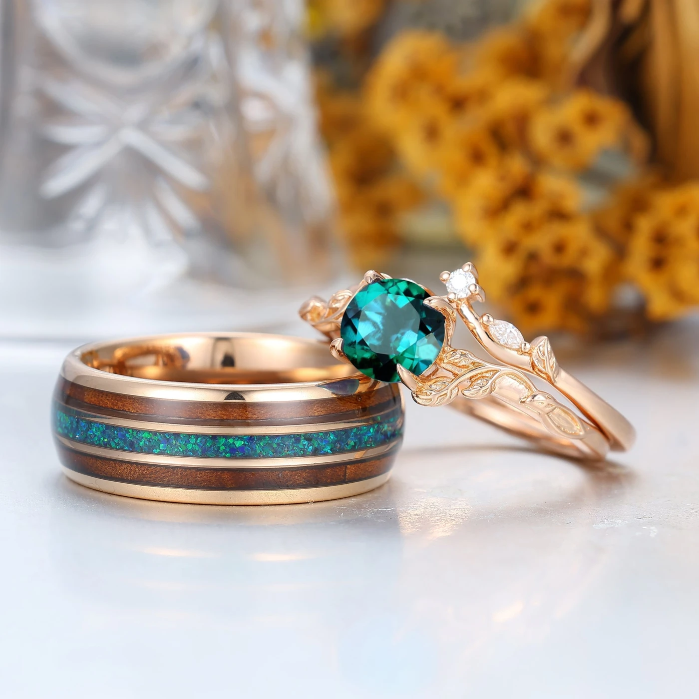 Exquisite Green Emerald Couples Ring Set Nature Inspired Rose Gold Ring Set For Men For Women - view 2