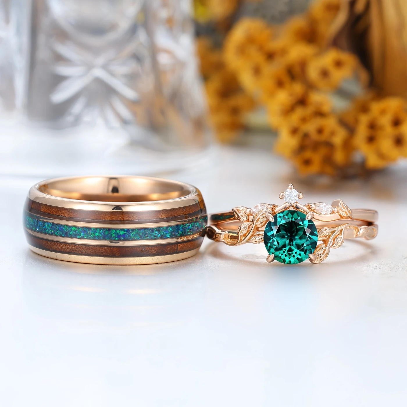 Exquisite Green Emerald Couples Ring Set Nature Inspired Rose