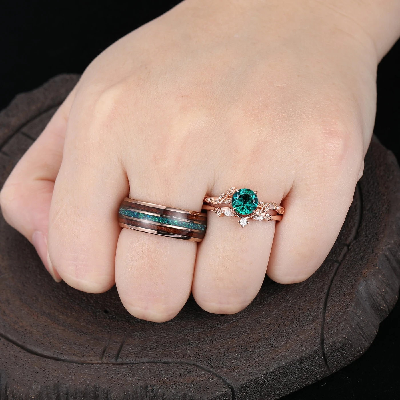 Exquisite Green Emerald Couples Ring Set Nature Inspired Rose Gold Ring Set For Men For Women - view 6