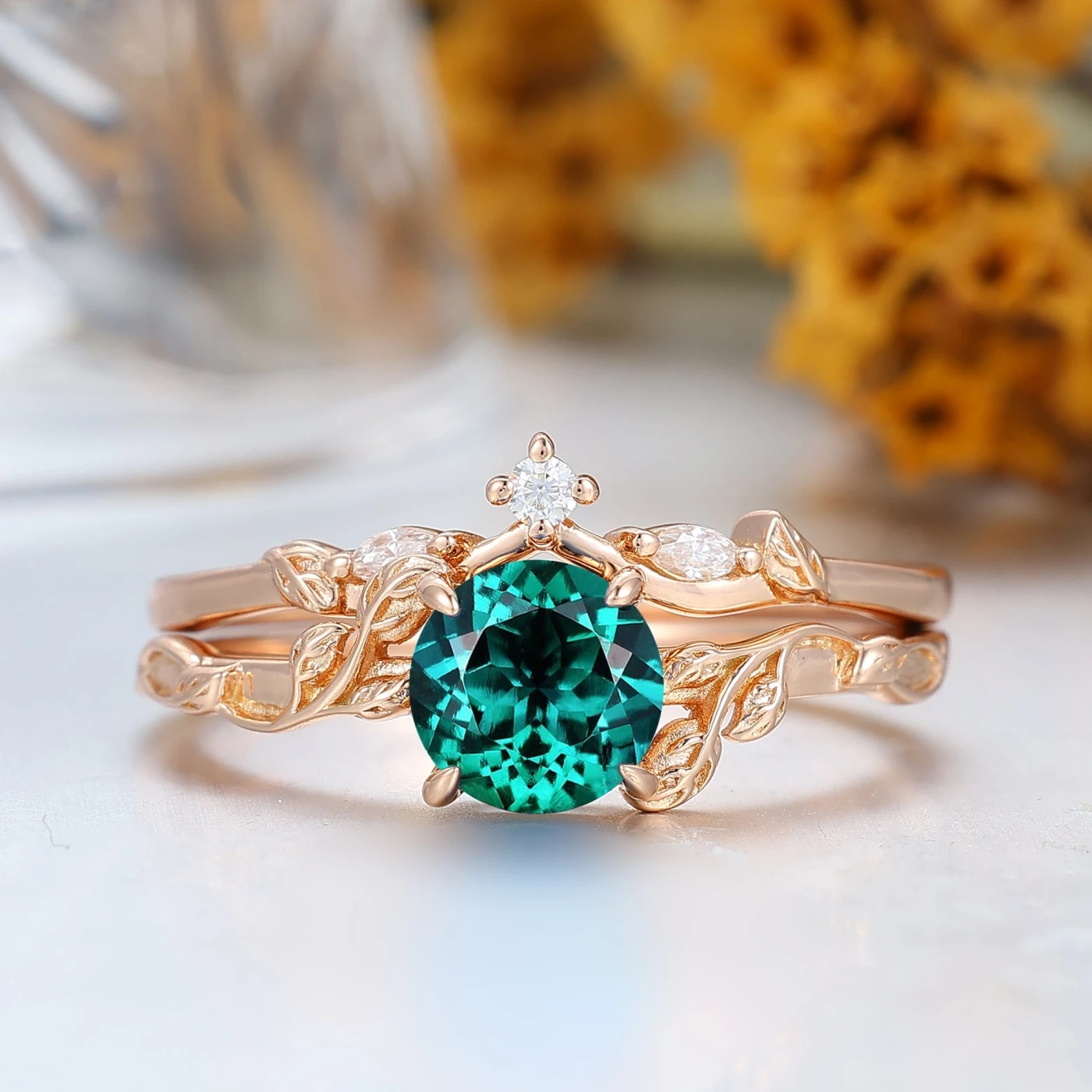 Exquisite Green Emerald Couples Ring Set Nature Inspired Rose Gold Ring Set For Men For Women - view 5