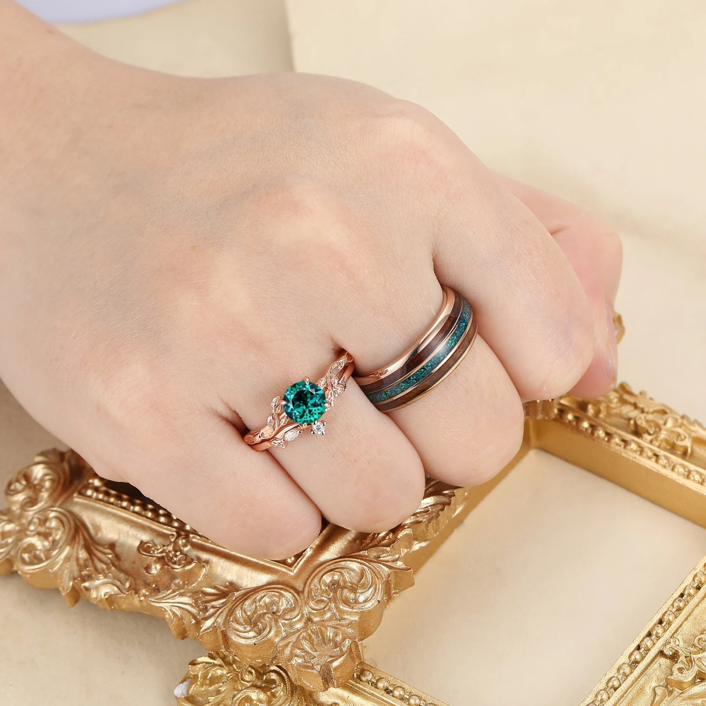 Exquisite Green Emerald Couples Ring Set Nature Inspired Rose Gold Ring Set For Men For Women - view 7