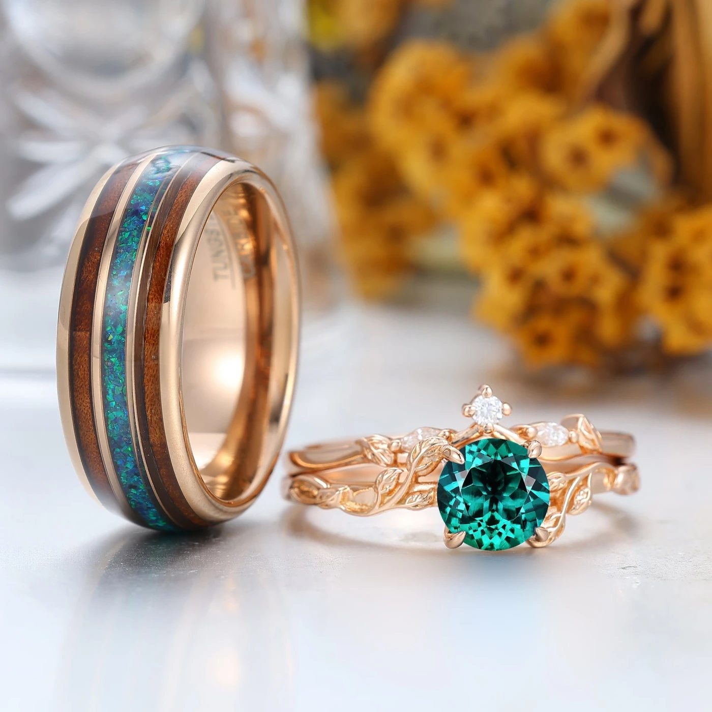 Exquisite Green Emerald Couples Ring Set Nature Inspired Rose Gold Ring Set For Men For Women - view 3