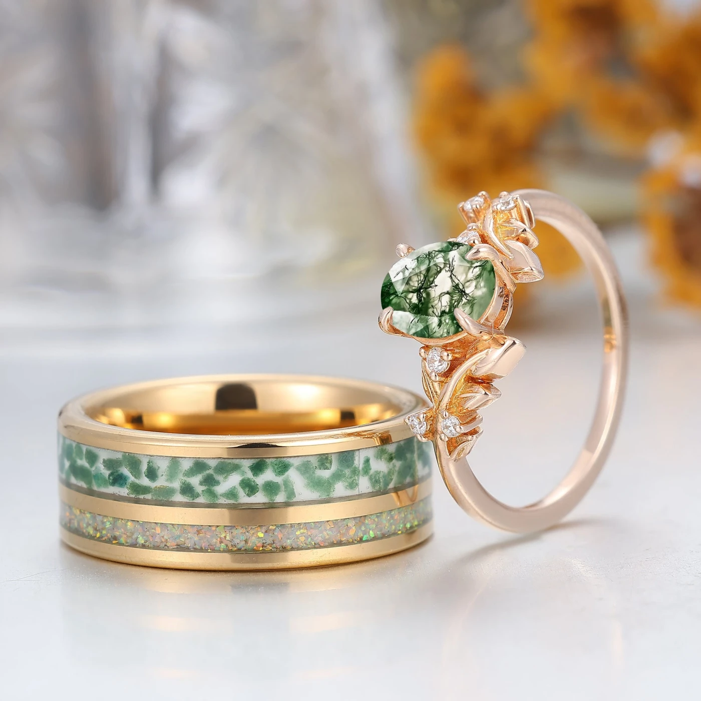 Natural Moss Agate Engraved Leaf Twig Couple Ring Unique Matching Rings Set For Couples - view 4