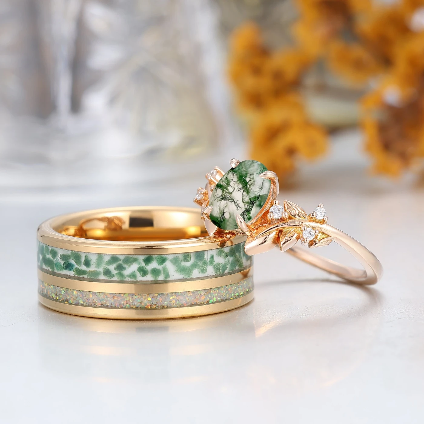 Natural Moss Agate Engraved Leaf Twig Couple Ring Unique Matching Rings Set For Couples - view 2