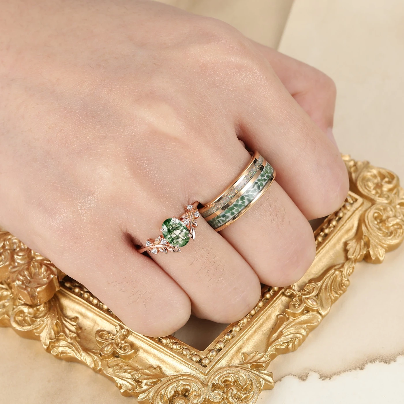 Natural Moss Agate Engraved Leaf Twig Couple Ring Unique Matching Rings Set For Couples - view 5