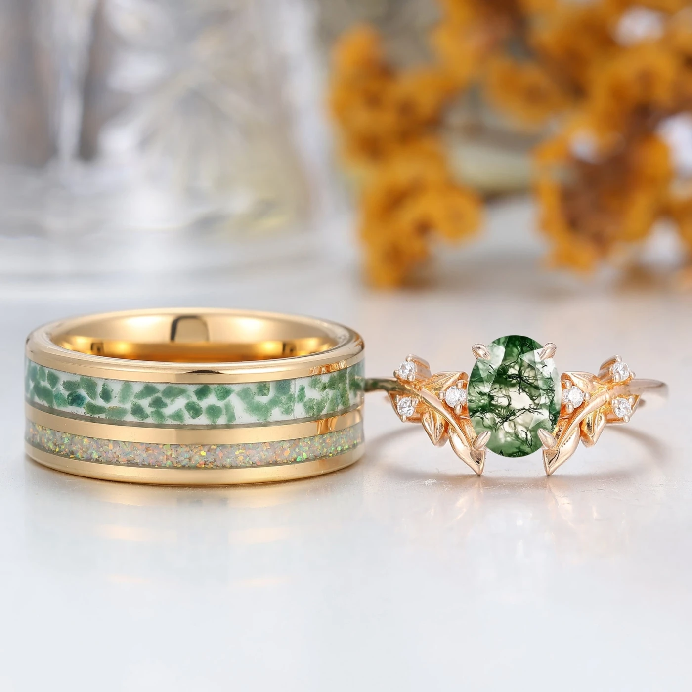 Natural Moss Agate Engraved Leaf Twig Couple Ring Unique Matching