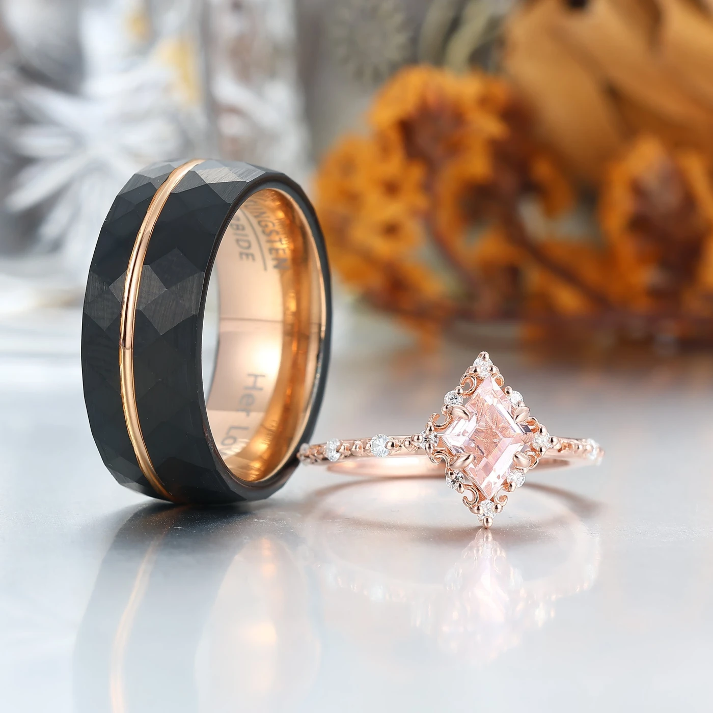 Unique Pink Morganite Engagement Promise Rings For Couples Rose Gold Plated Matching Marriage Rings - view 4