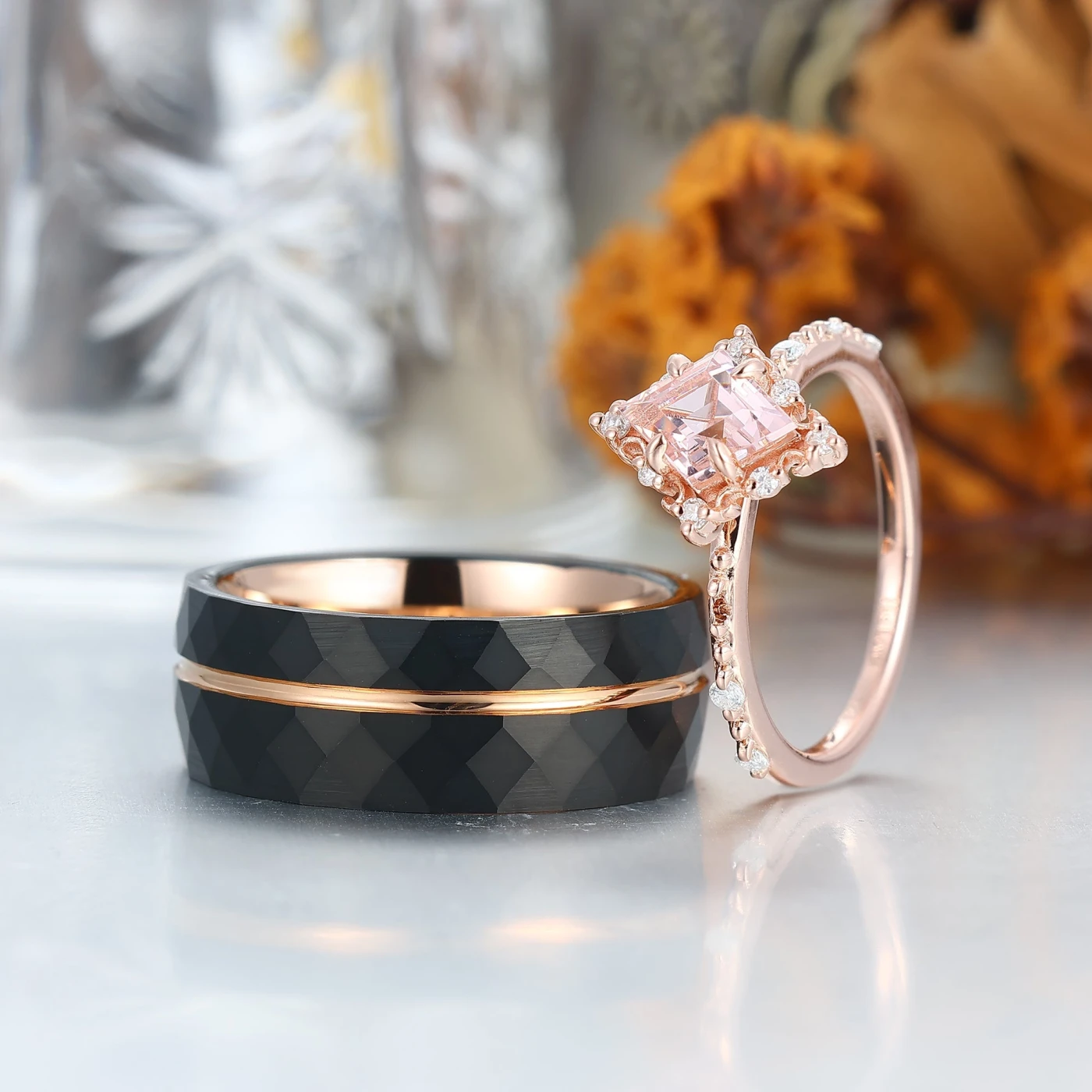 Unique Pink Morganite Engagement Promise Rings For Couples Rose Gold Plated Matching Marriage Rings - view 3