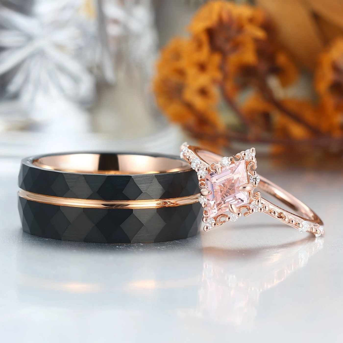 Unique Pink Morganite Engagement Promise Rings For Couples Rose Gold Plated