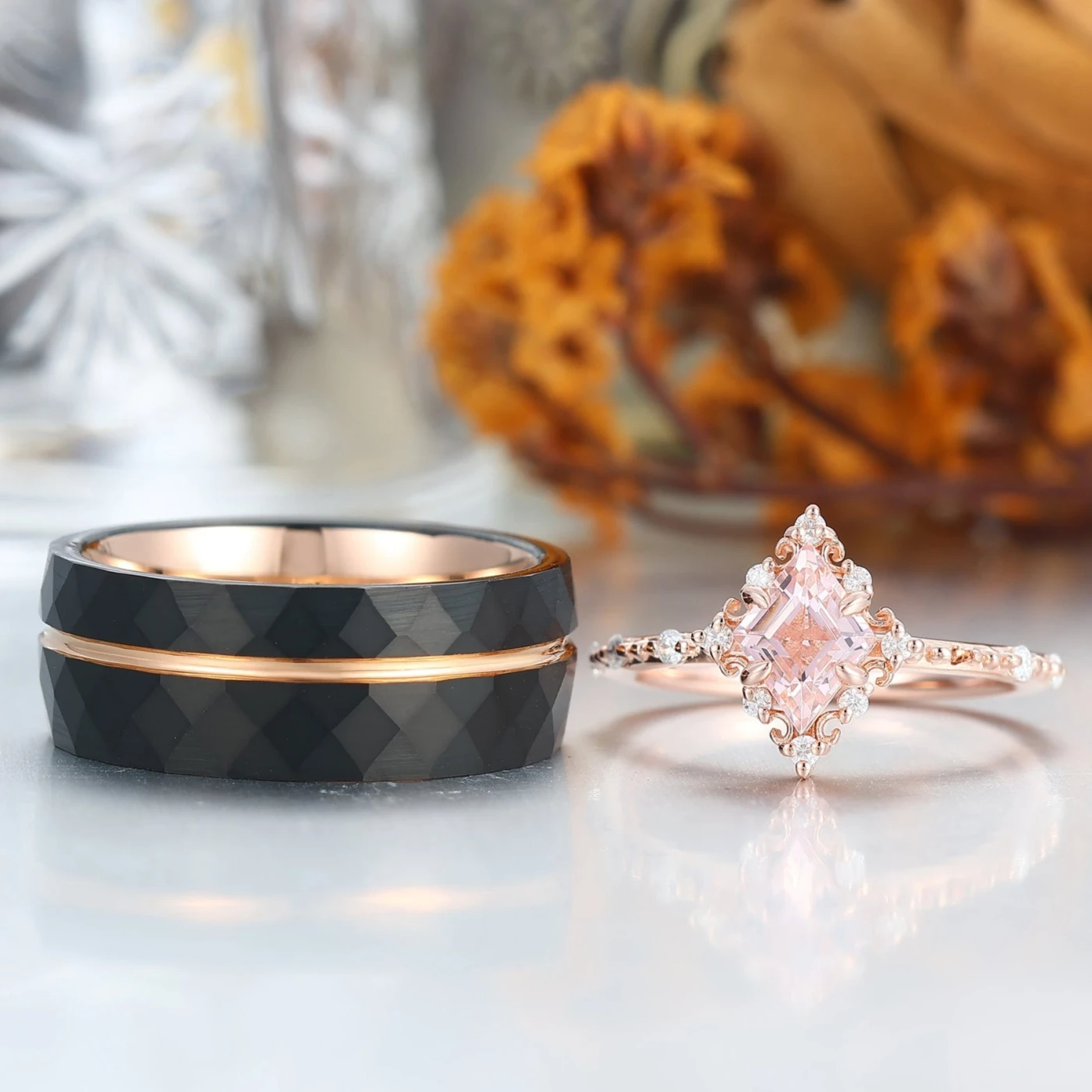Unique Pink Morganite Engagement Promise Rings For Couples Rose Gold Plated Matching Marriage Rings - view 2