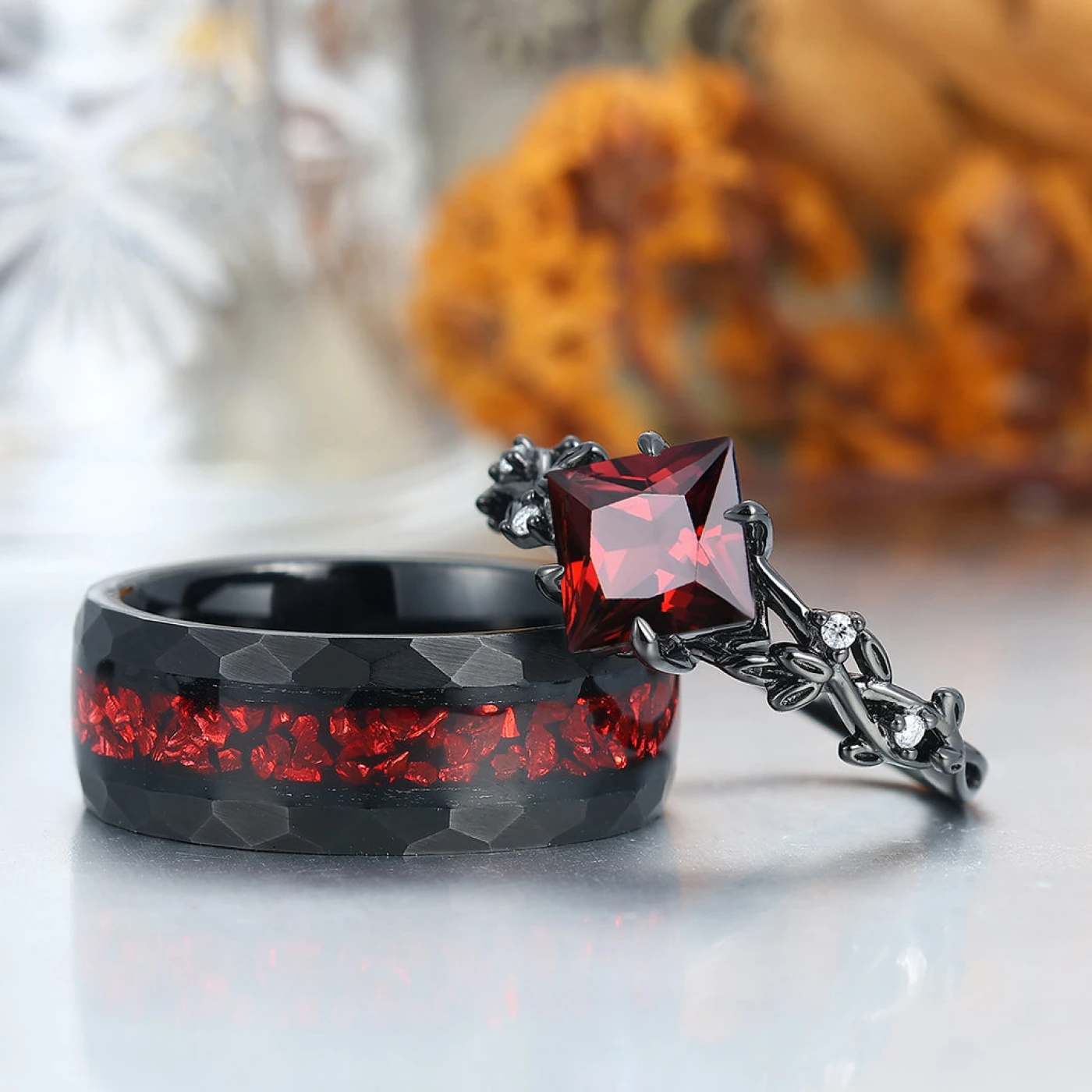 Exquisite Princess Leaf Red Garnet Engagement Couple Rings And